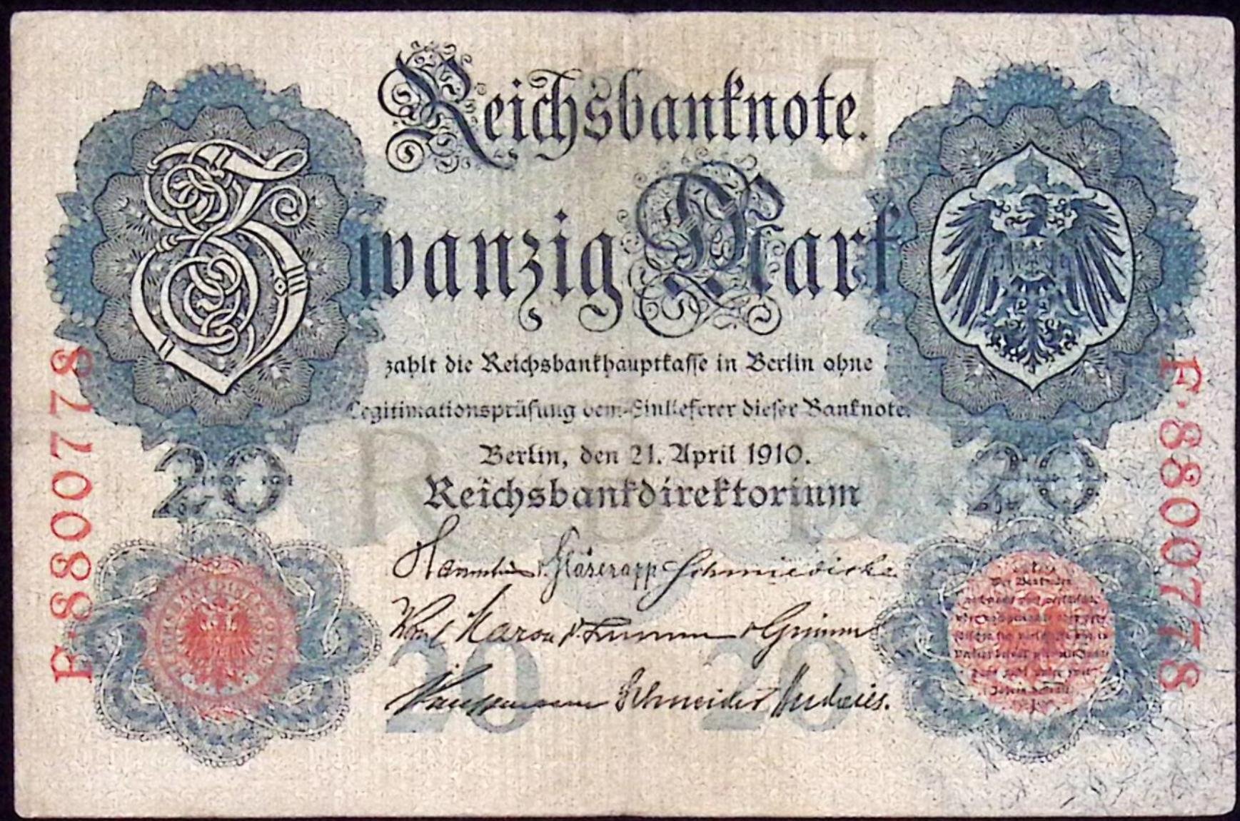 німецька банкнота номіналом 20 марок, 1910 рік (Національний заповідник "Хортиця" CC BY-NC-SA)