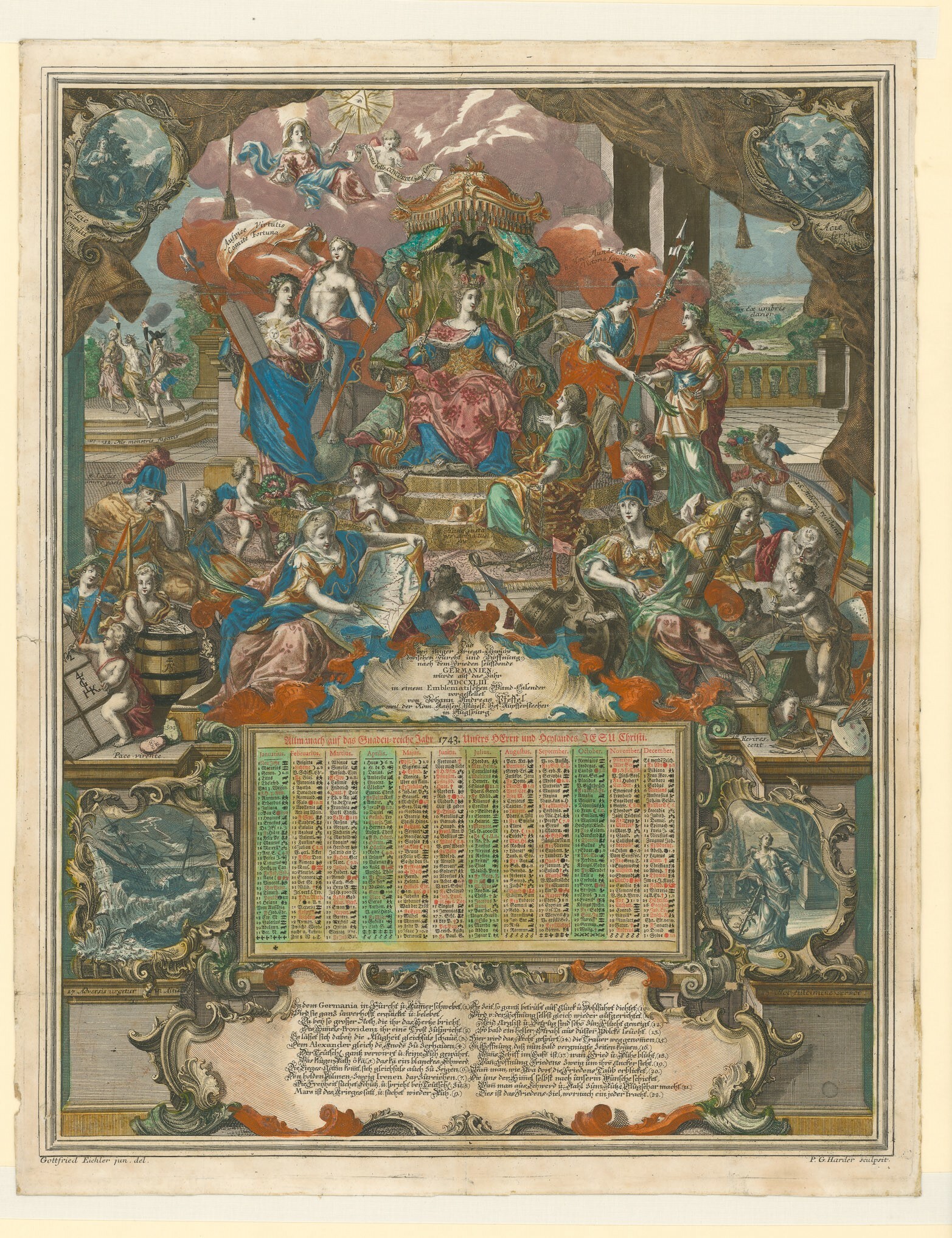 Kupferstich mit Kalendarium für das Jahr 1743 (Museen Burg Altena CC BY-NC-SA)
