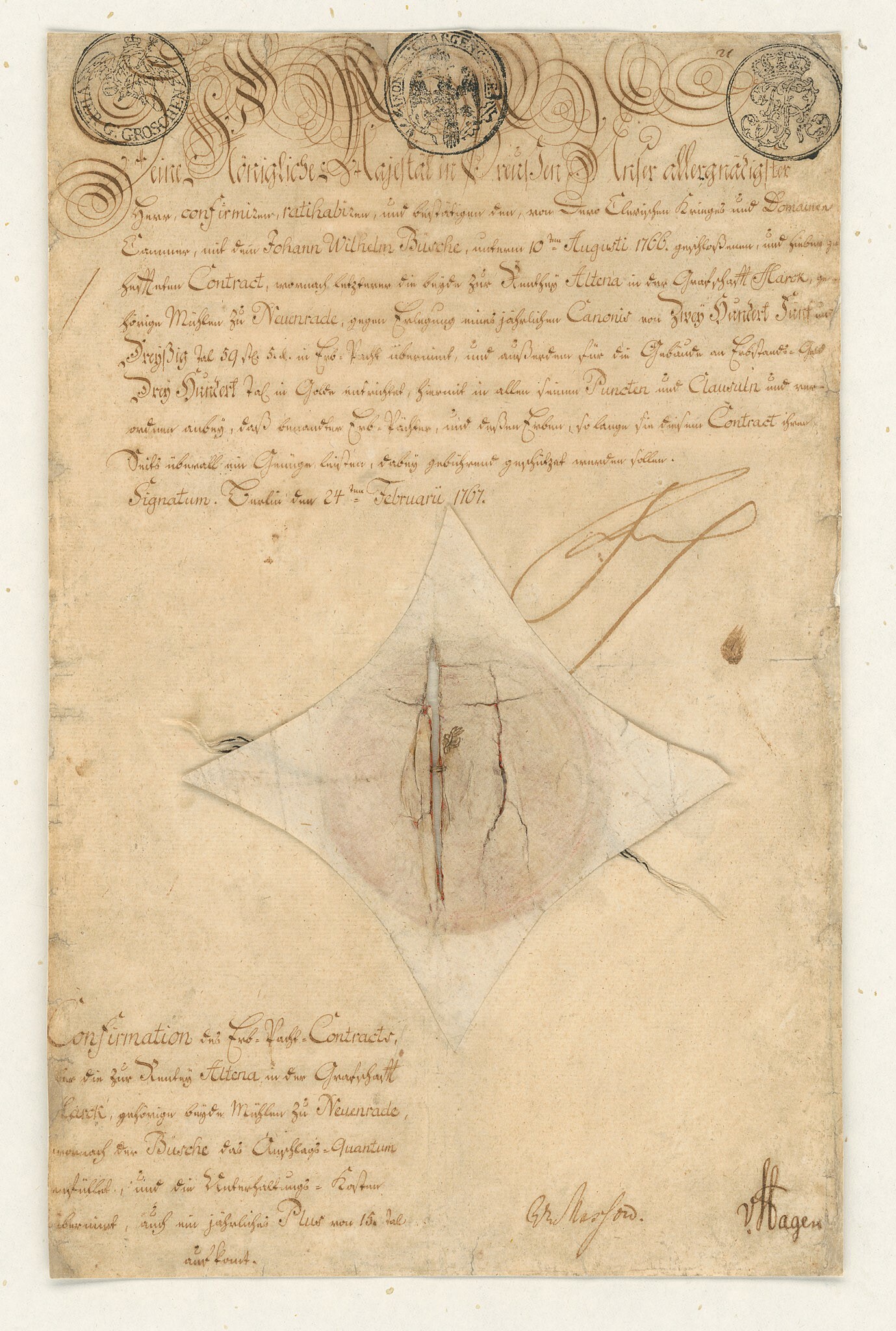 Urkunde über den Erbpachtvertrag von der clevischen Kriegs- und Domänenkammer (Museen Burg Altena CC BY-NC-SA)