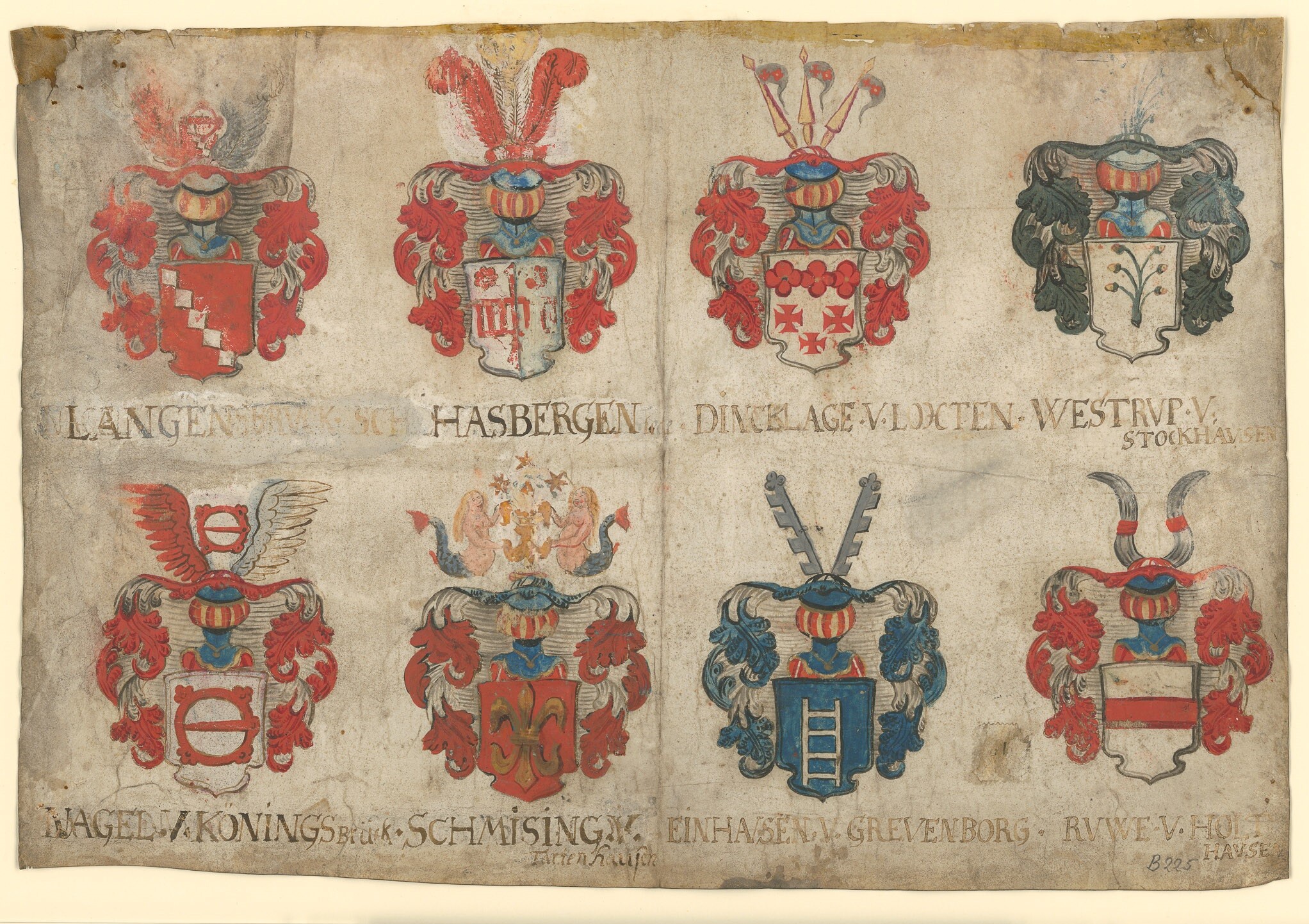 Pergamentblatt mit 8 Wappendarstellungen (Museen Burg Altena CC BY-NC-SA)
