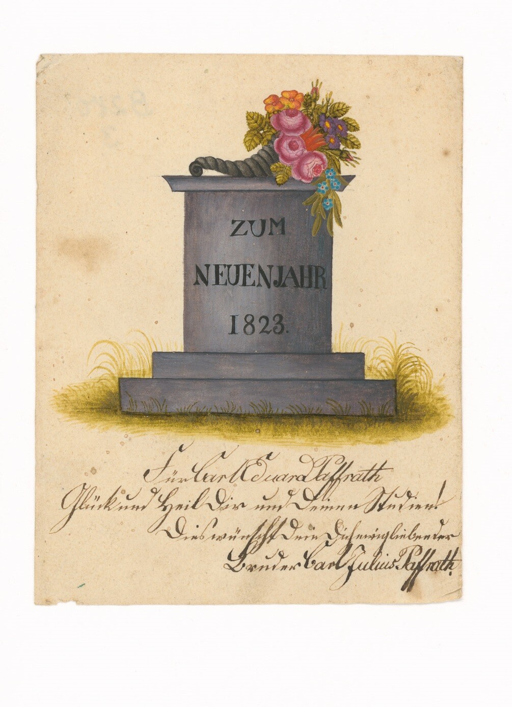 Stammbuchblatt mit Neujahrsglückwünschen mit Aquarell (Museen Burg Altena CC BY-NC-SA)