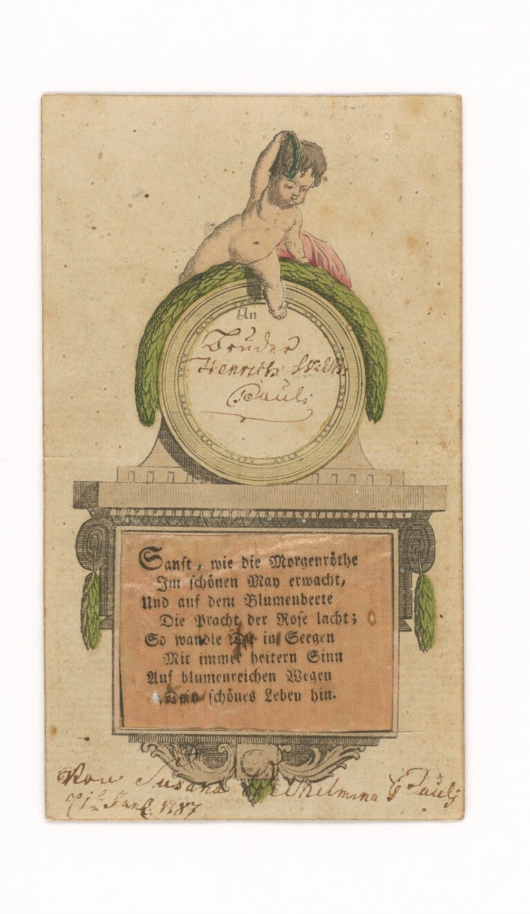 Stammbuchblatt mit Wünschen, Kupferstich und Seidendruck (Museen Burg Altena CC BY-NC-SA)
