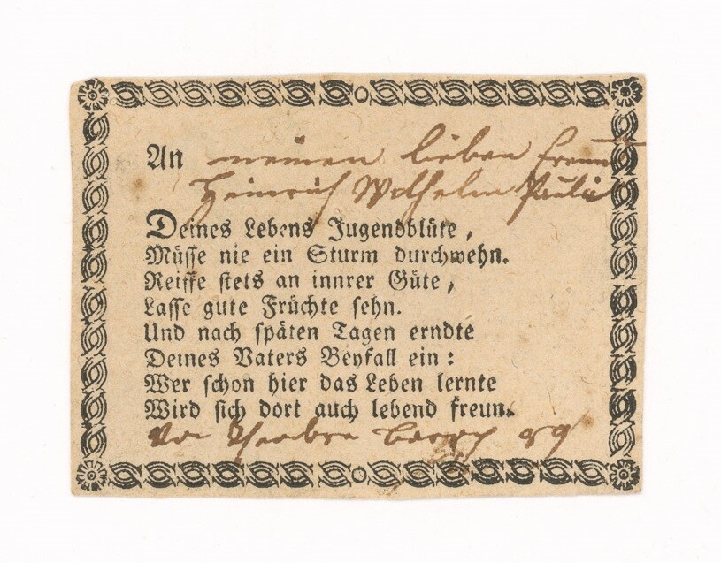 Stammbuchblatt mit zehnzeiligen Spruch (Museen Burg Altena CC BY-NC-SA)
