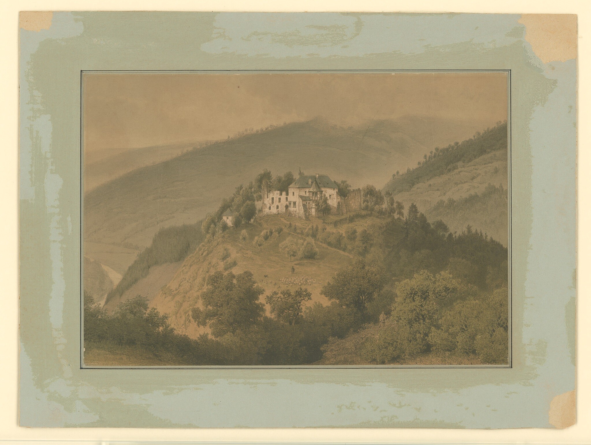 Lithografie mit Ansicht von Burg Schwarzenburg (Museen Burg Altena CC BY-NC-SA)