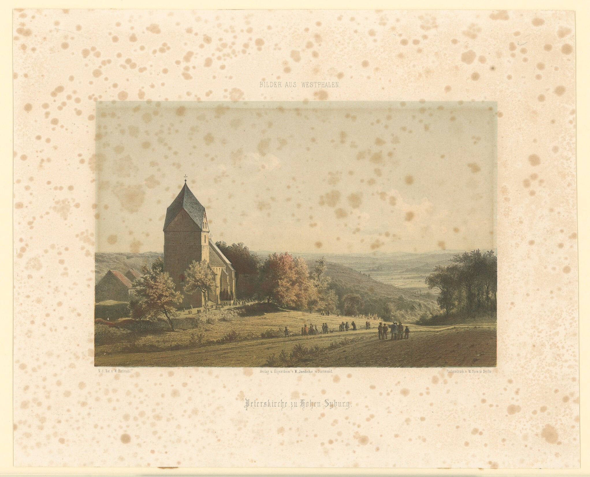 Farblithografie mit Ansicht von St. Peter zu Syburg (Museen Burg Altena CC BY-NC-SA)