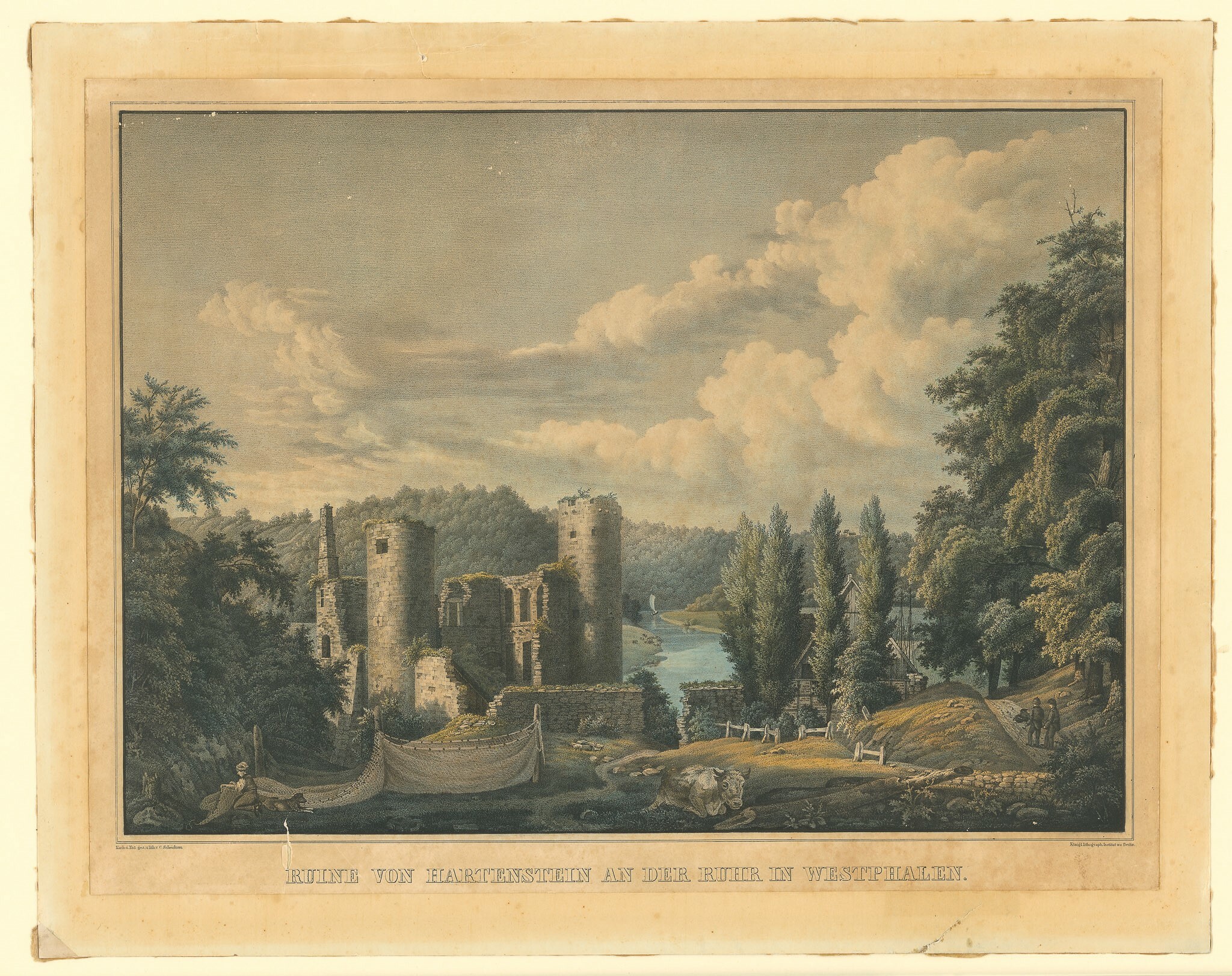 Lithografie mit Ansicht der Ruine von Burg Hardenstein (Museen Burg Altena CC BY-NC-SA)