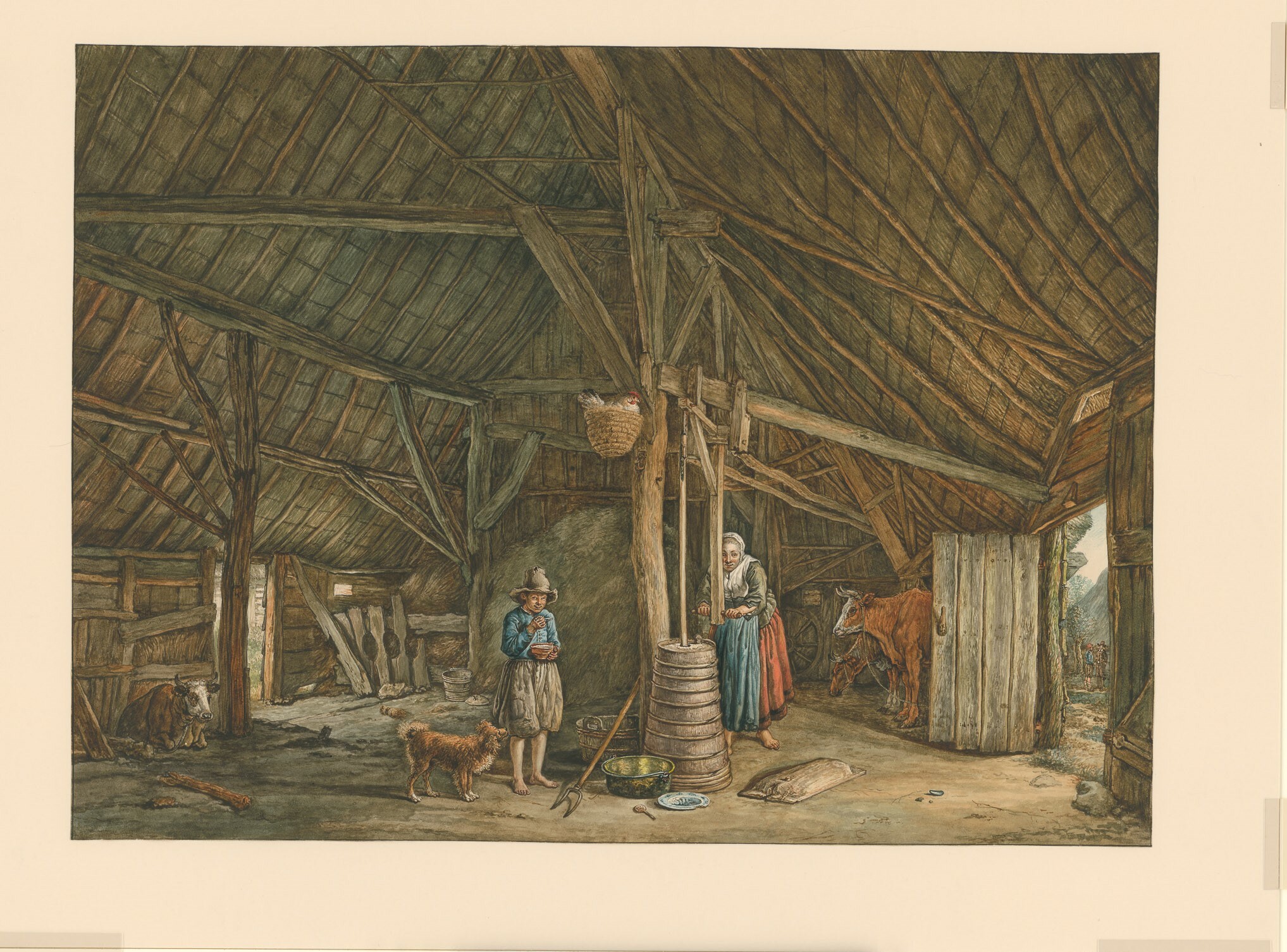 Zeichnung mit Innenansicht eines Bauernhauses (Museen Burg Altena CC BY-NC-SA)
