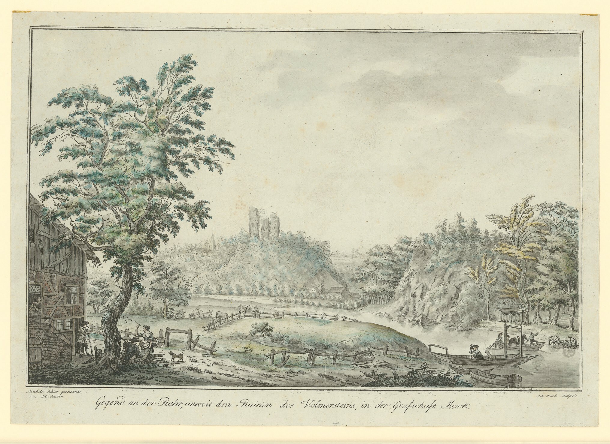 Kupferstich mit Landschaftsansicht mit Blick auf Burg Volmarstein (Museen Burg Altena CC BY-NC-SA)