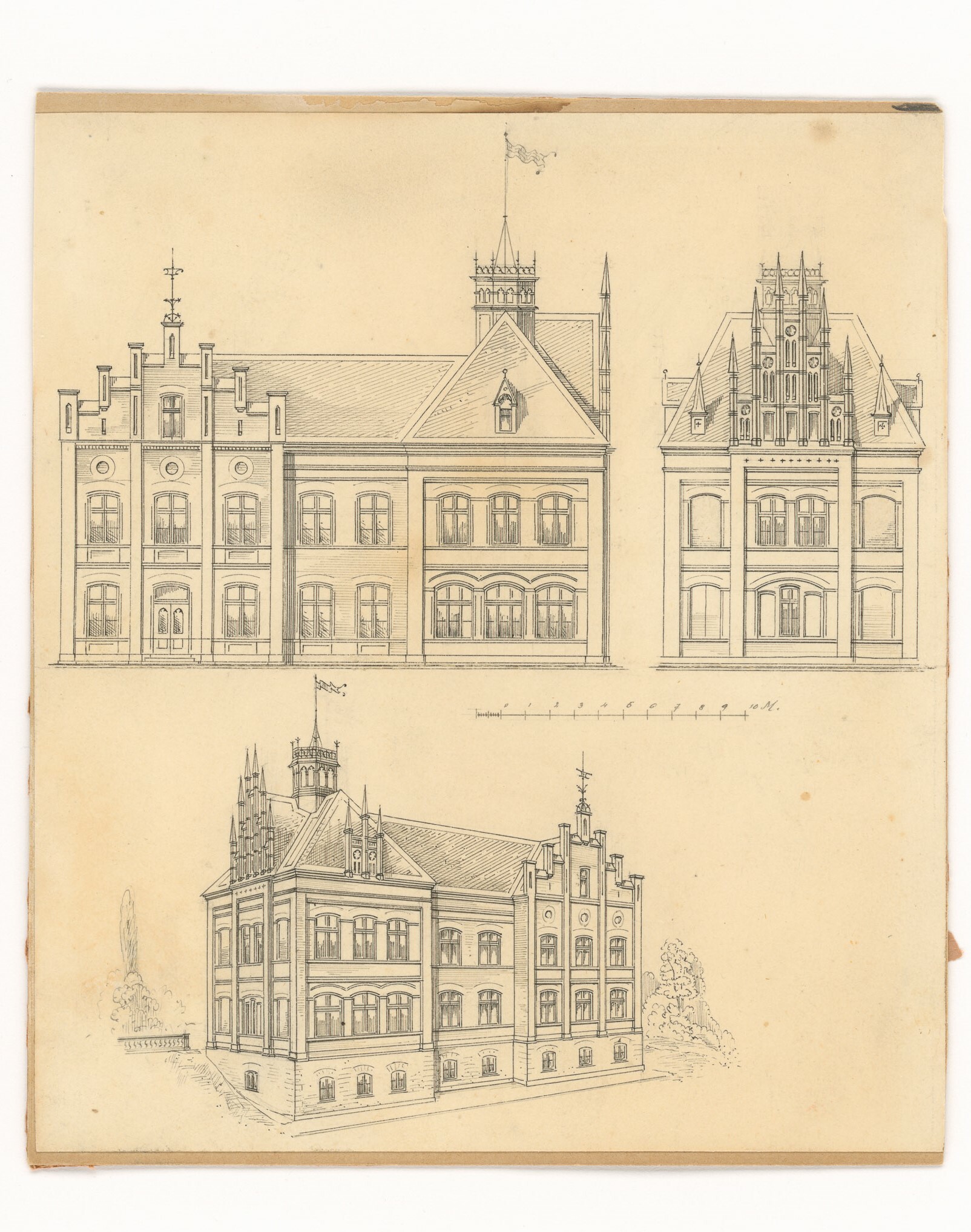 Stahlstich mit drei Ansichten eines Gebäudes (Museen Burg Altena CC BY-NC-SA)