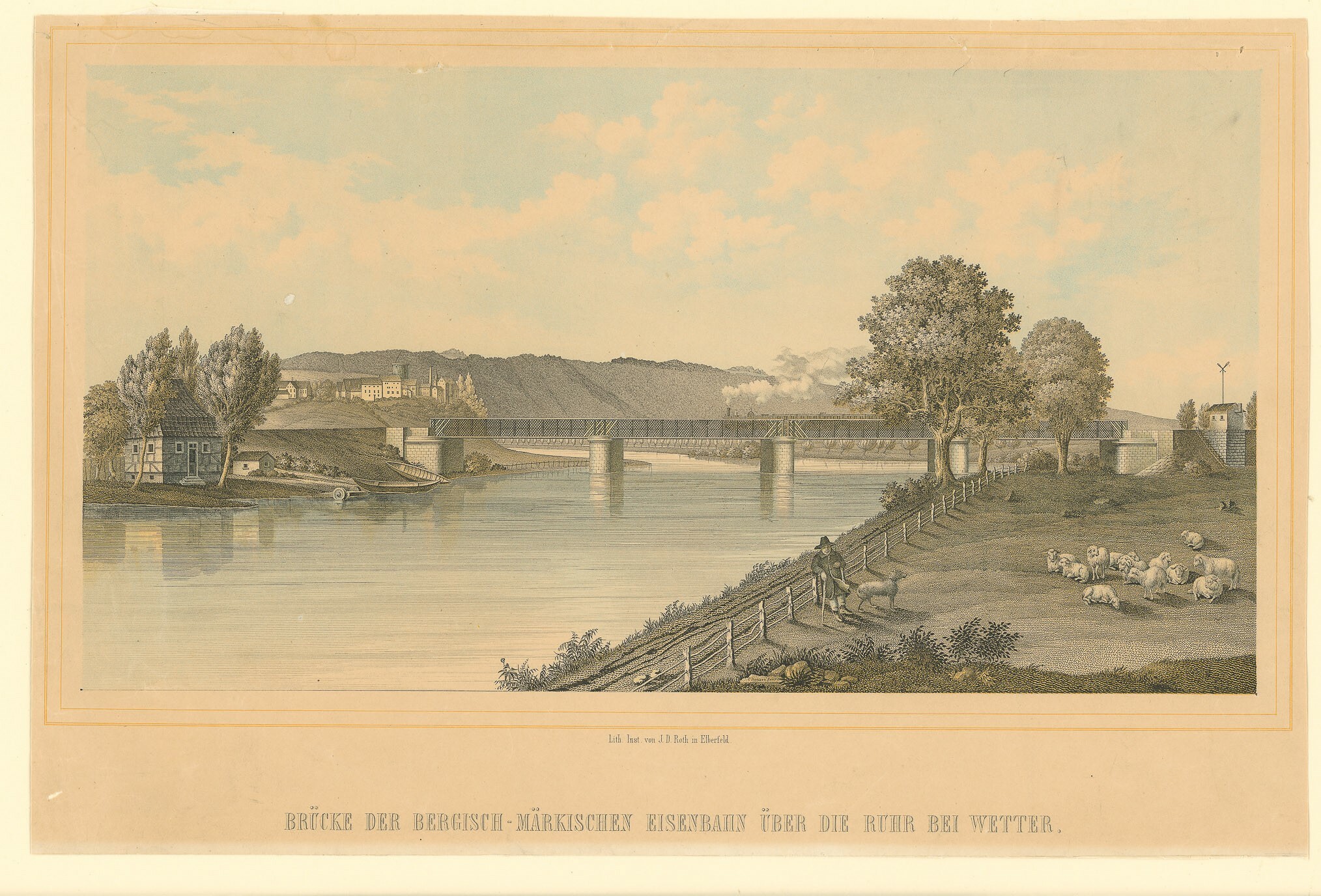 Lithografe mit Ansicht der Ruhrbrücke bei Wetter (Museen Burg Altena CC BY-NC-SA)
