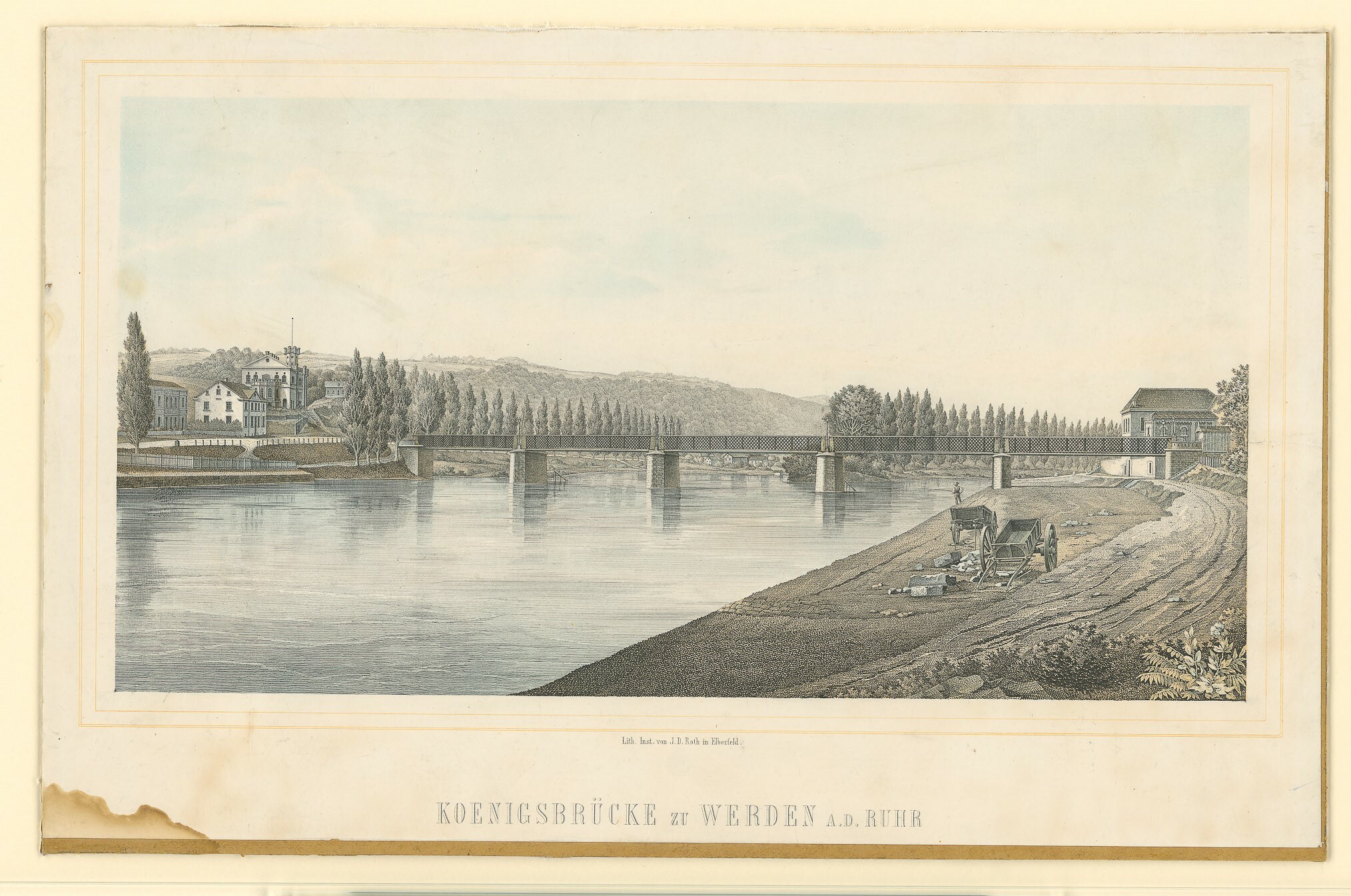 Lithografie mit Ansicht der Königsbrücke in Essen-Werden (Museen Burg Altena CC BY-NC-SA)