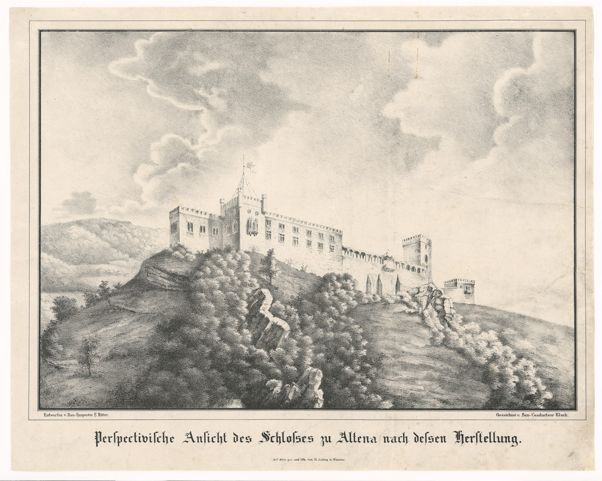 Lithografie mit Ansicht der Burg Altena (Museen Burg Altena CC BY-NC-SA)