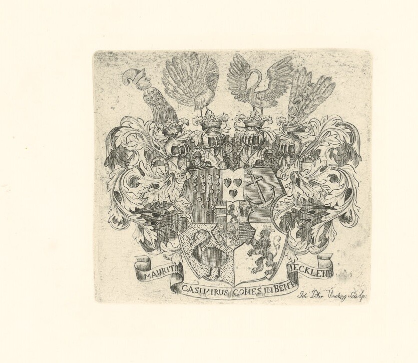 Radierung mit Darstellung des Wappens von Moritz Kasimir (Museen Burg Altena CC BY-NC-SA)
