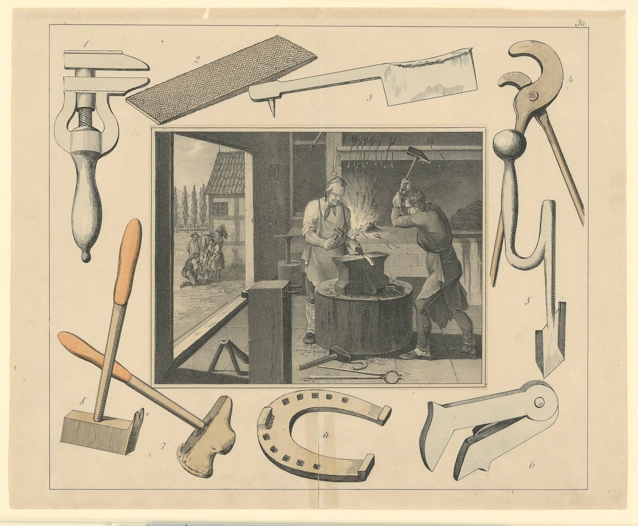 Lithografie mit Darstellung des Hufschmiedehandwerks (Museen Burg Altena CC BY-NC-SA)