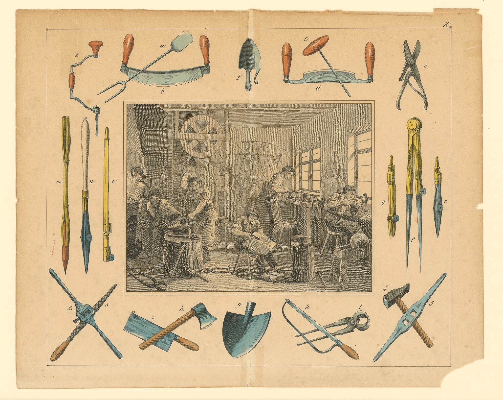 Lithografie mit Darstellung des Winkelschmiedehandwerks (Museen Burg Altena CC BY-NC-SA)
