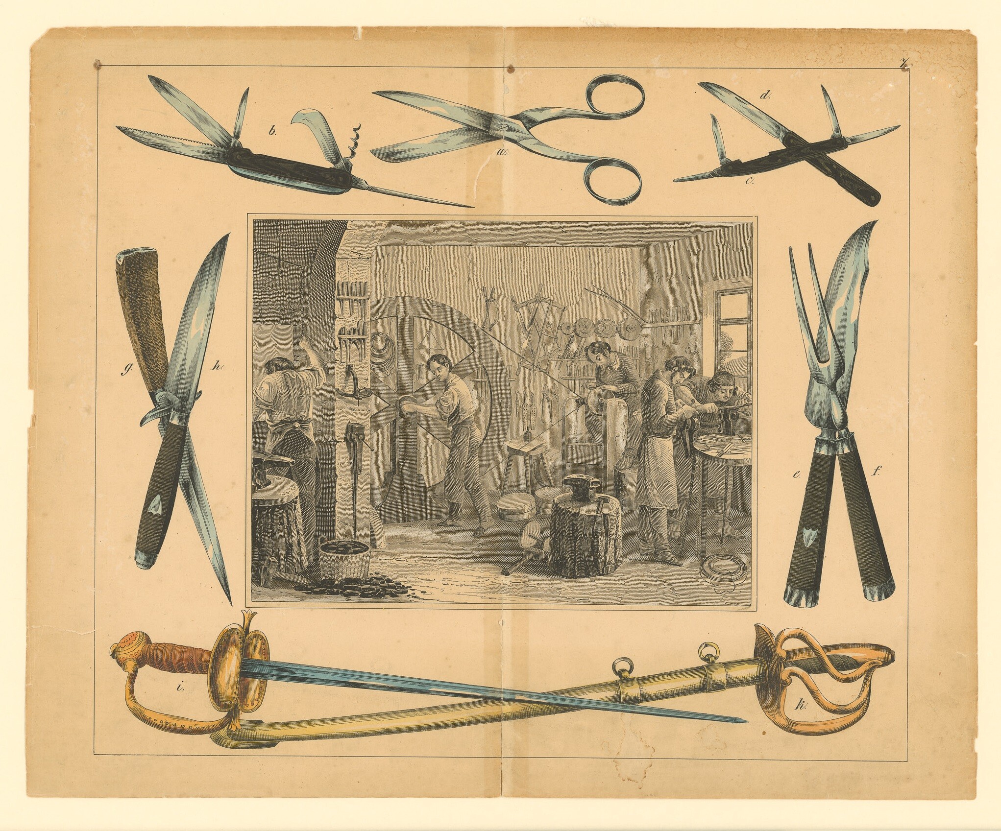 Lithografie mit Darstellung des Klingenschmiedehandwerk (Museen Burg Altena CC BY-NC-SA)