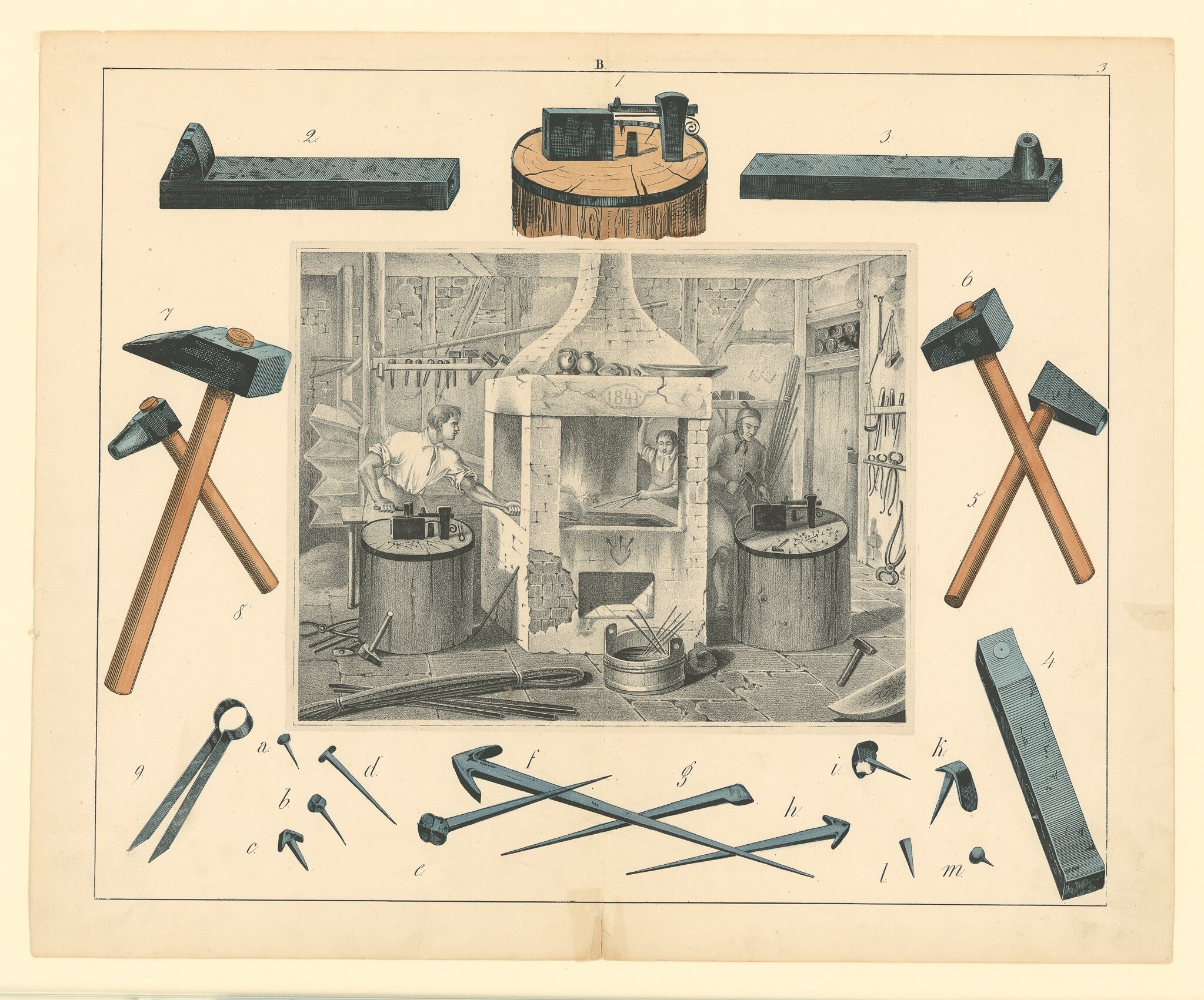 Lithografie mit Darstellung des Nagelschmiedehandwerks (Museen Burg Altena CC BY-NC-SA)