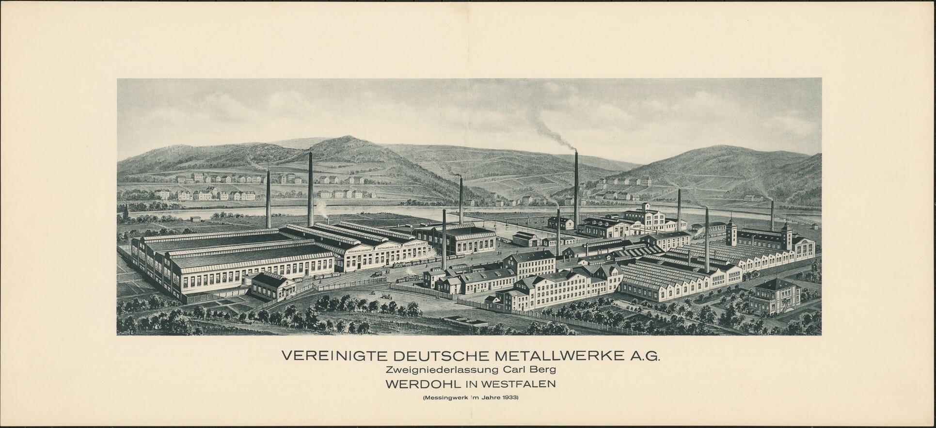 Druck mit Panoramaansicht der "Vereinigte Deutsche Metallwerke A.G." (Museen Burg Altena CC BY-NC-SA)