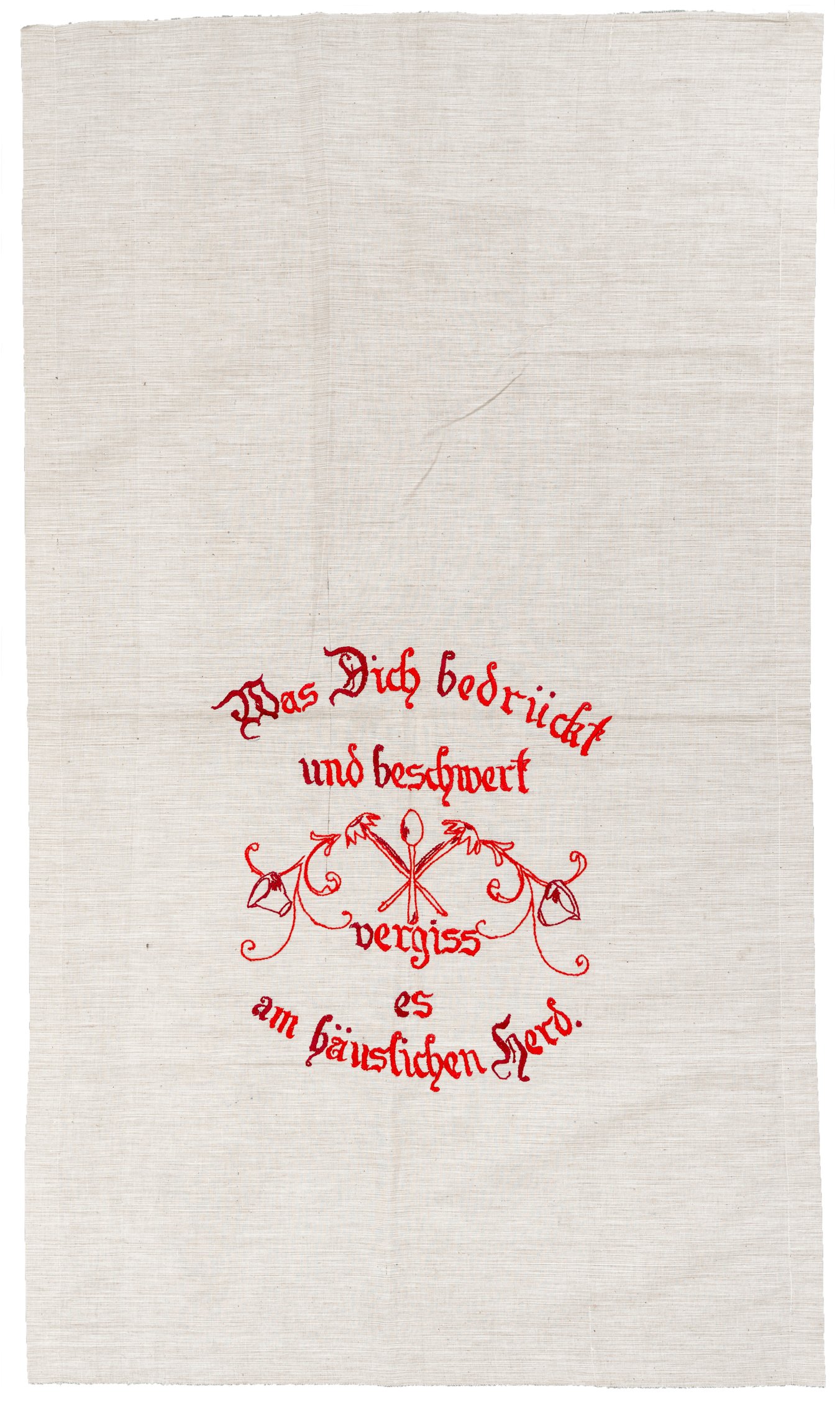Spruchtuch: Was Dich bedrückt und beschwert vergiss es am häuslichen Herd. (Museum Abtei Liesborn des Kreises Warendorf CC BY-NC-SA)