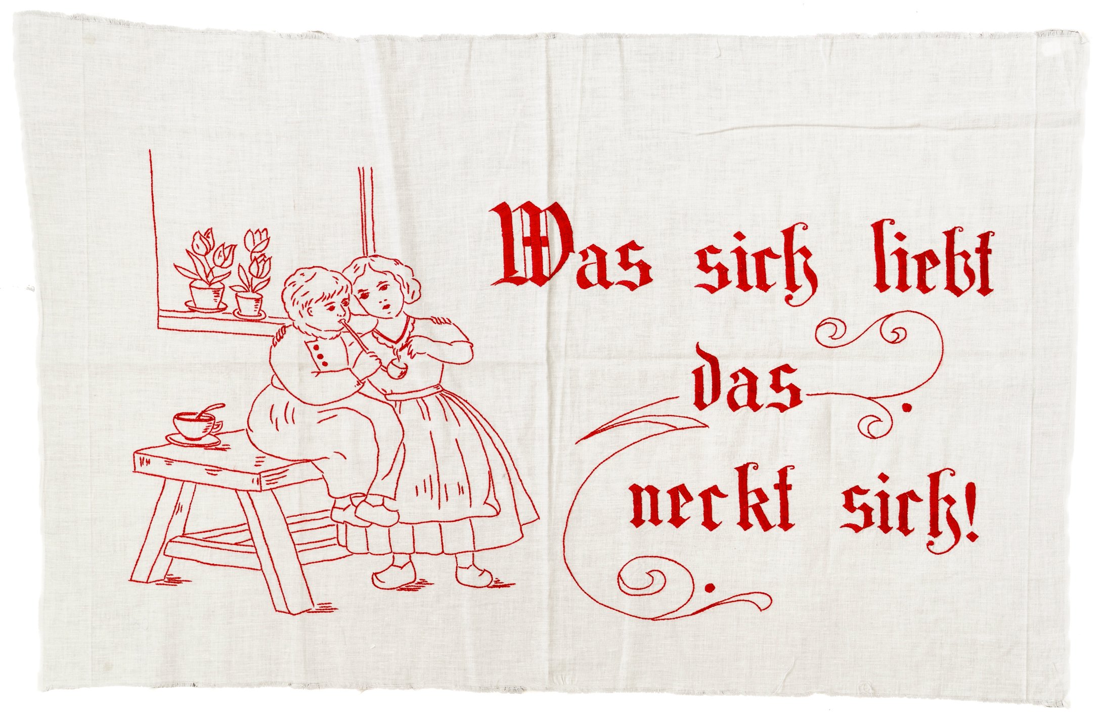 Spruchtuch: Was sich liebt, das neckt sich! (Museum Abtei Liesborn des Kreises Warendorf CC BY-NC-SA)