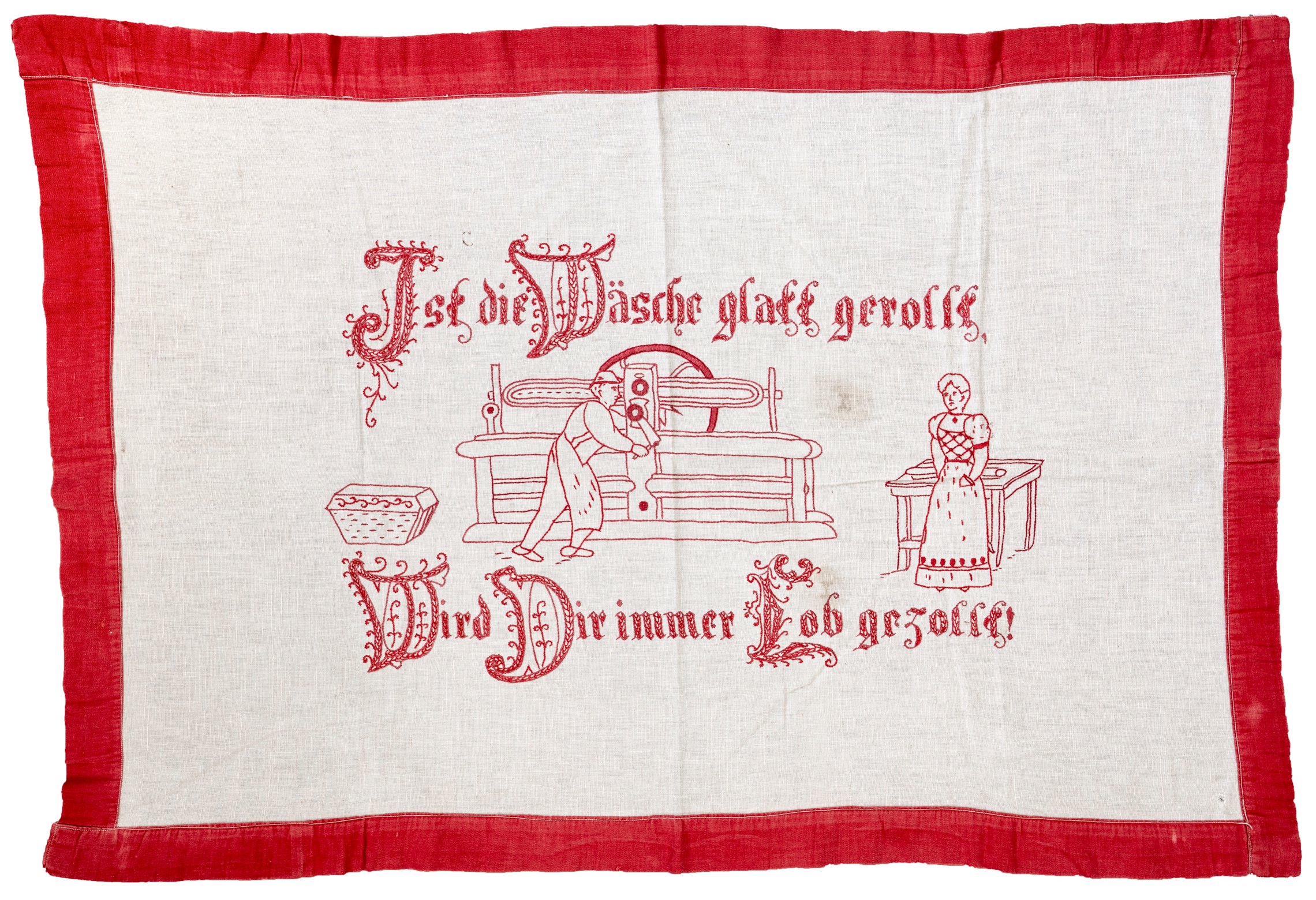 Spruchtuch: Ist die Wäsche glatt gerollt wird Dir immer Lob gezollt! (Museum Abtei Liesborn des Kreises Warendorf CC BY-NC-SA)