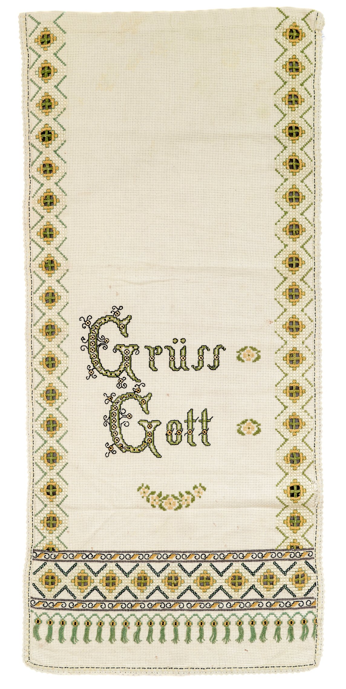 Spruchtuch: Grüss Gott (Museum Abtei Liesborn des Kreises Warendorf CC BY-NC-SA)