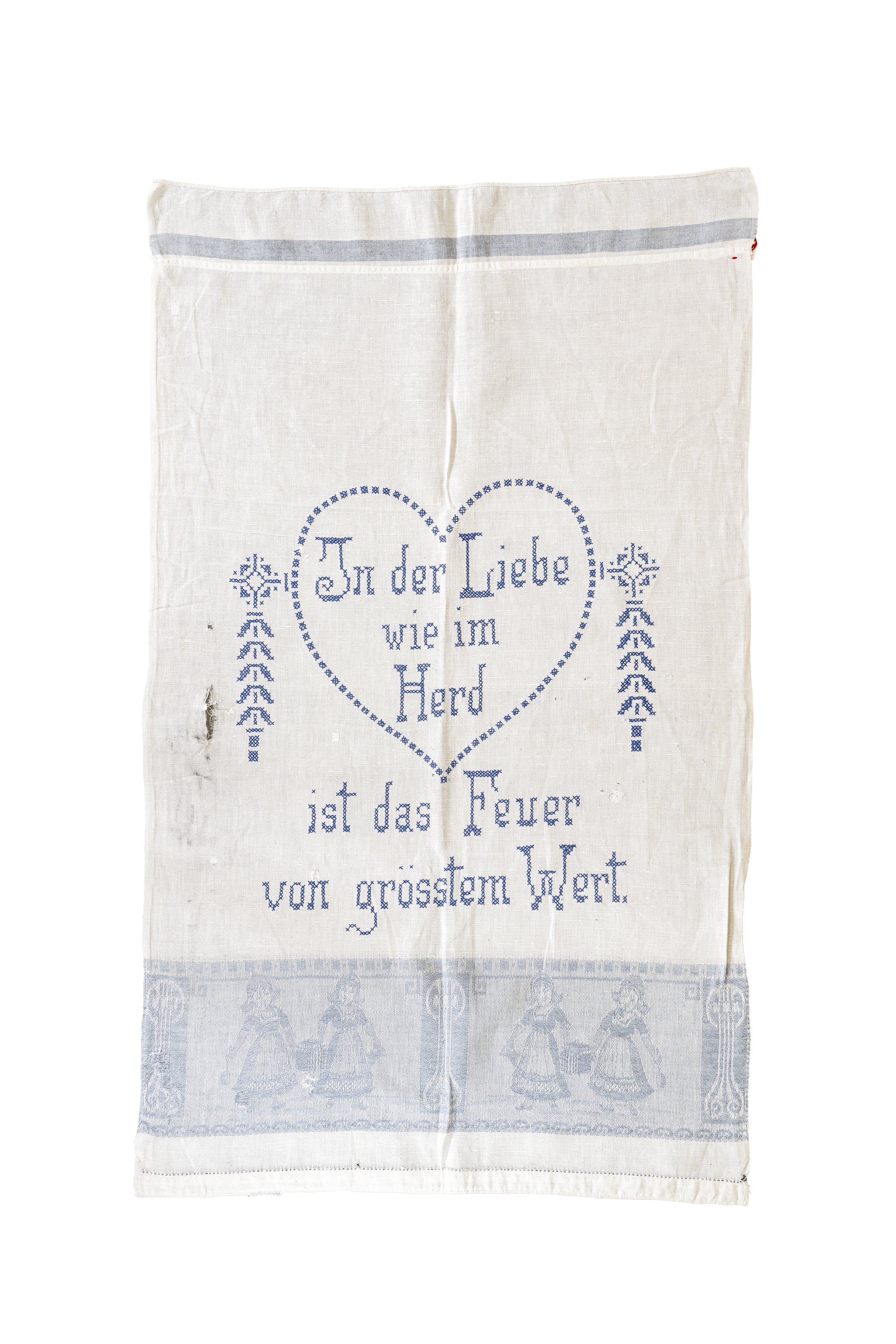 Spruchtuch: In der Liebe wie im Herd ist das Feuer von größtem Wert (Museum Abtei Liesborn des Kreises Warendorf CC BY-NC-SA)
