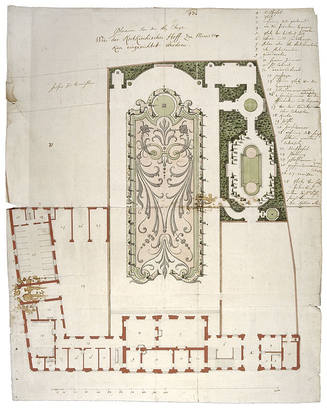 Entwurf eines Grundrisses mit Garten für den Nordkirchener Hof in Münster (Stadtmuseum Münster CC BY-NC-SA)