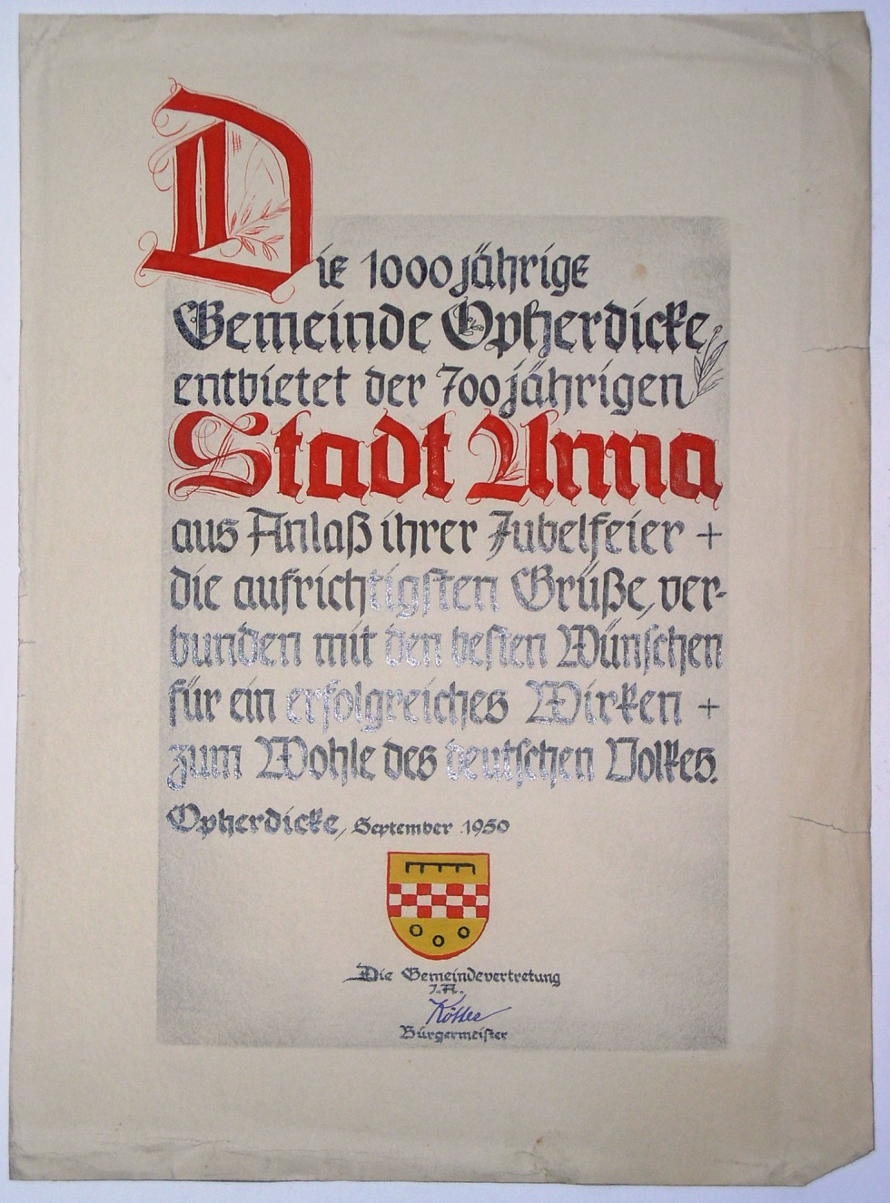 Urkunde zur 700-Jahrfeier der Stadt Unna (Hellweg-Museum Unna CC BY-NC-SA)