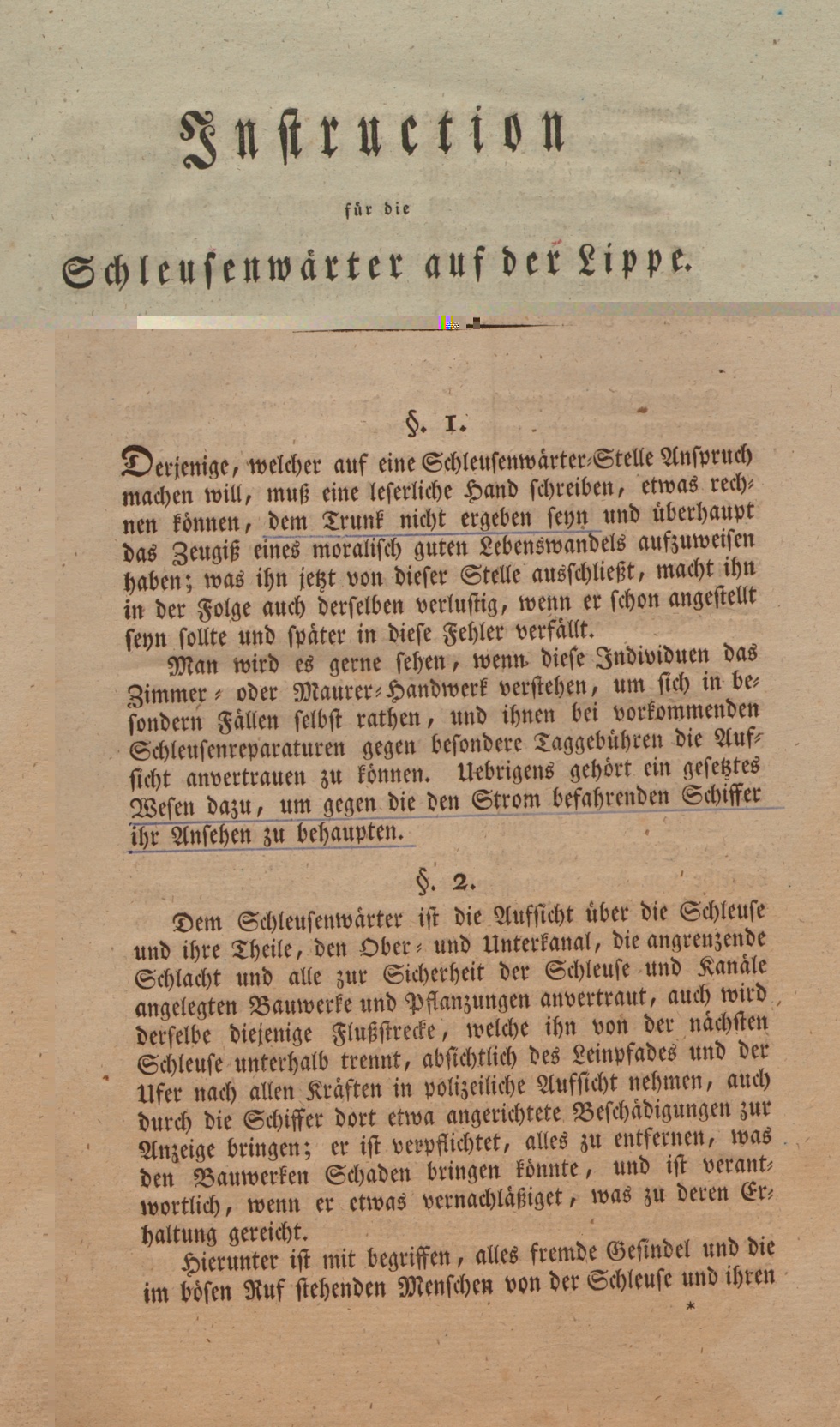 Schleusenwärter-Instruktion 1823 (Heimatmuseum Waltrop CC BY-NC-SA)