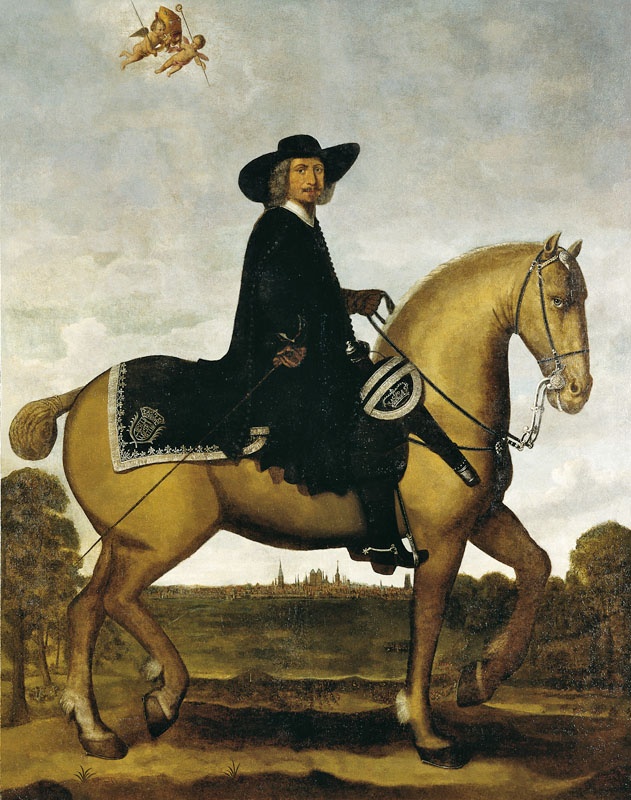 Christoph Bernhard von Galen zu Pferde vor der Silhouette der Stadt Münster (Stadtmuseum Münster CC BY-NC-SA)