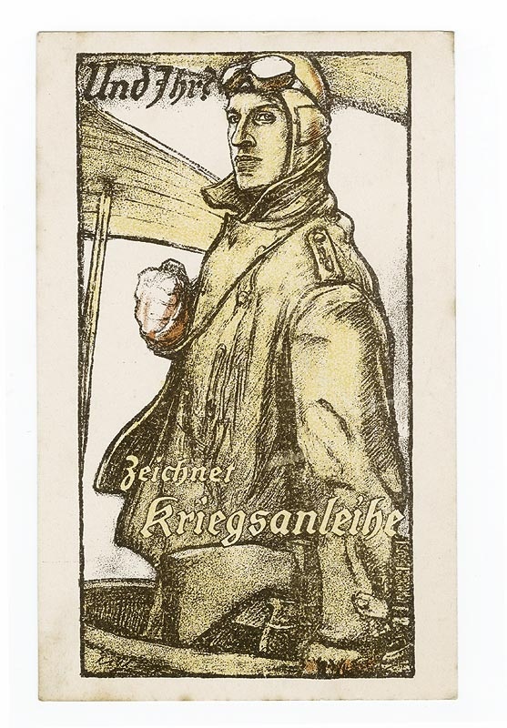 Postkarte: Und Ihr? Zeichnet Kriegsanleihe, Fliegermotiv (Stadtmuseum Münster CC BY-NC-SA)