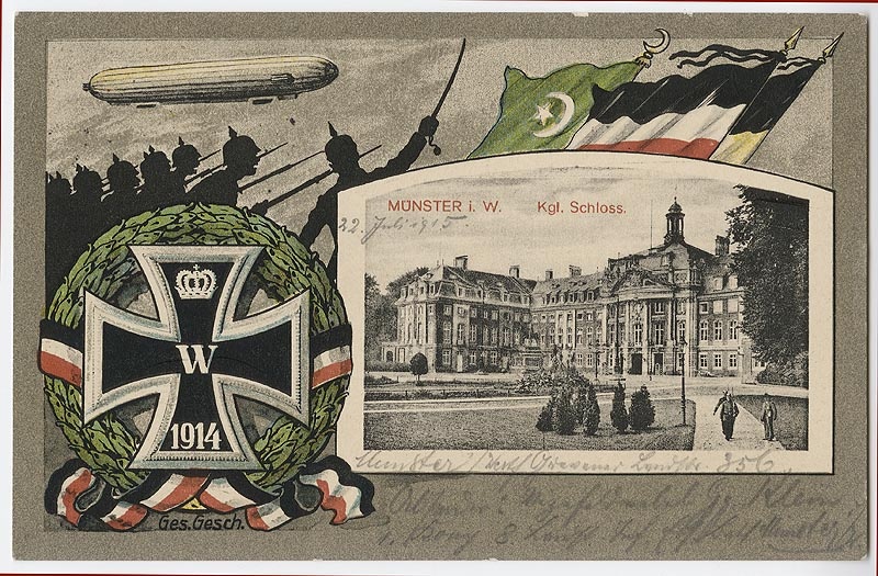 Postkarte: Schloß, umrahmt von Emblemen für den Ersten Weltkrieg (Stadtmuseum Münster CC BY-NC-SA)