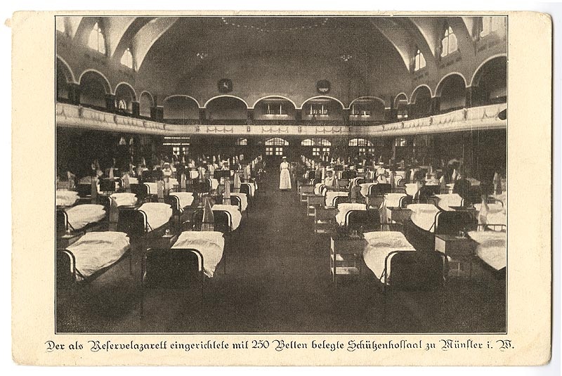 Postkarte: Schützenhofsaal als Reservelazarett (Stadtmuseum Münster CC BY-NC-SA)