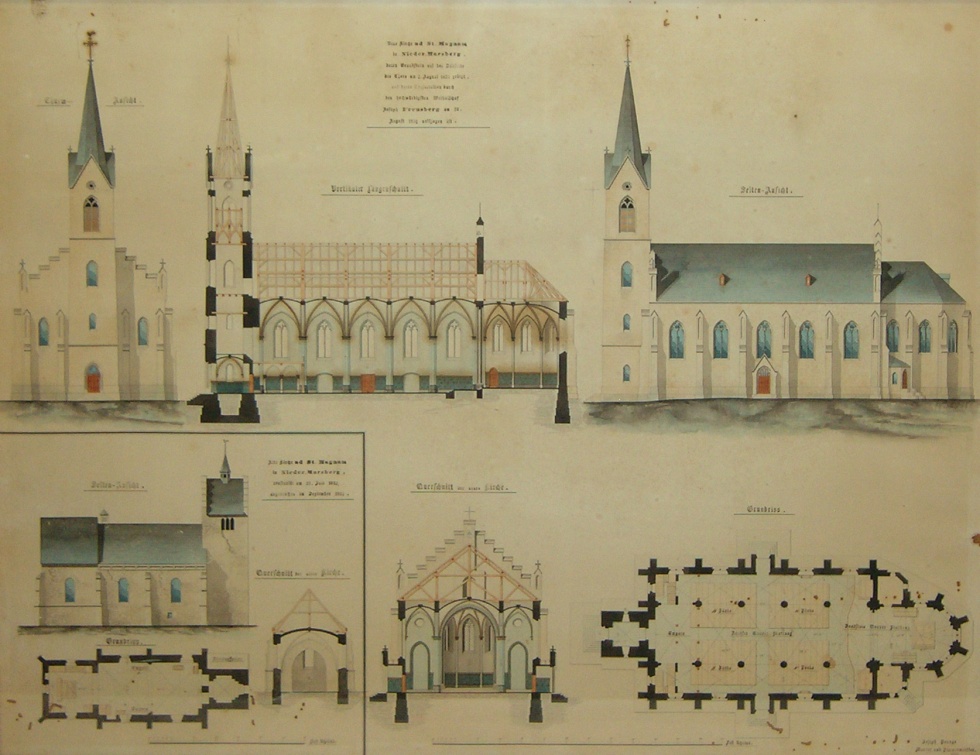 Pläne der neuen Magnuskirche, aquarellierte Zeichnung (Heimatmuseum der Stadt Marsberg CC BY-NC-SA)