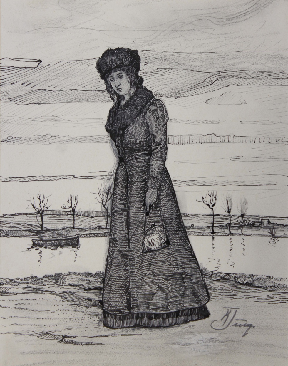 Frau, am Wasser spazierengehend (Verein der Freunde und Förderer des Siegerlandmuseums e.V. CC BY-NC-SA)