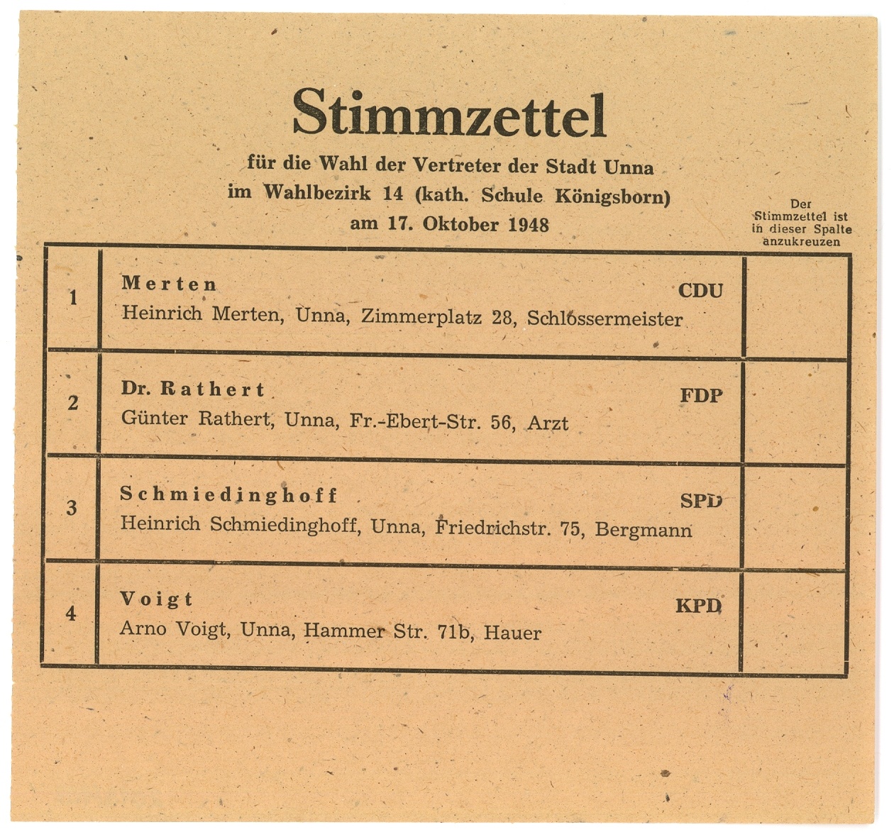 Stimmzettel (Hellweg-Museum Unna CC BY-NC-SA)