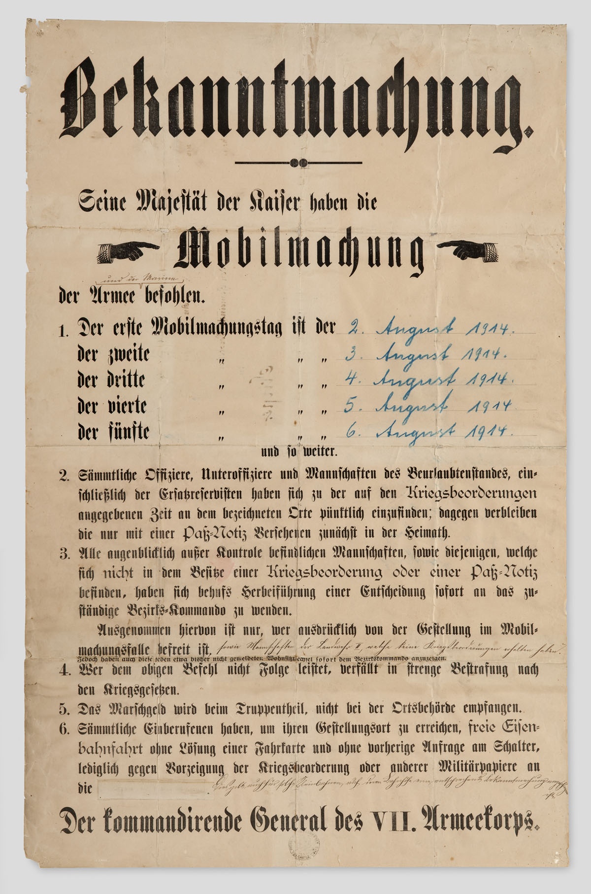 Plakat zur Mobilmachung von Armee und Marine am 2. August 1914 (Stadtmuseum Münster CC BY-NC-SA)