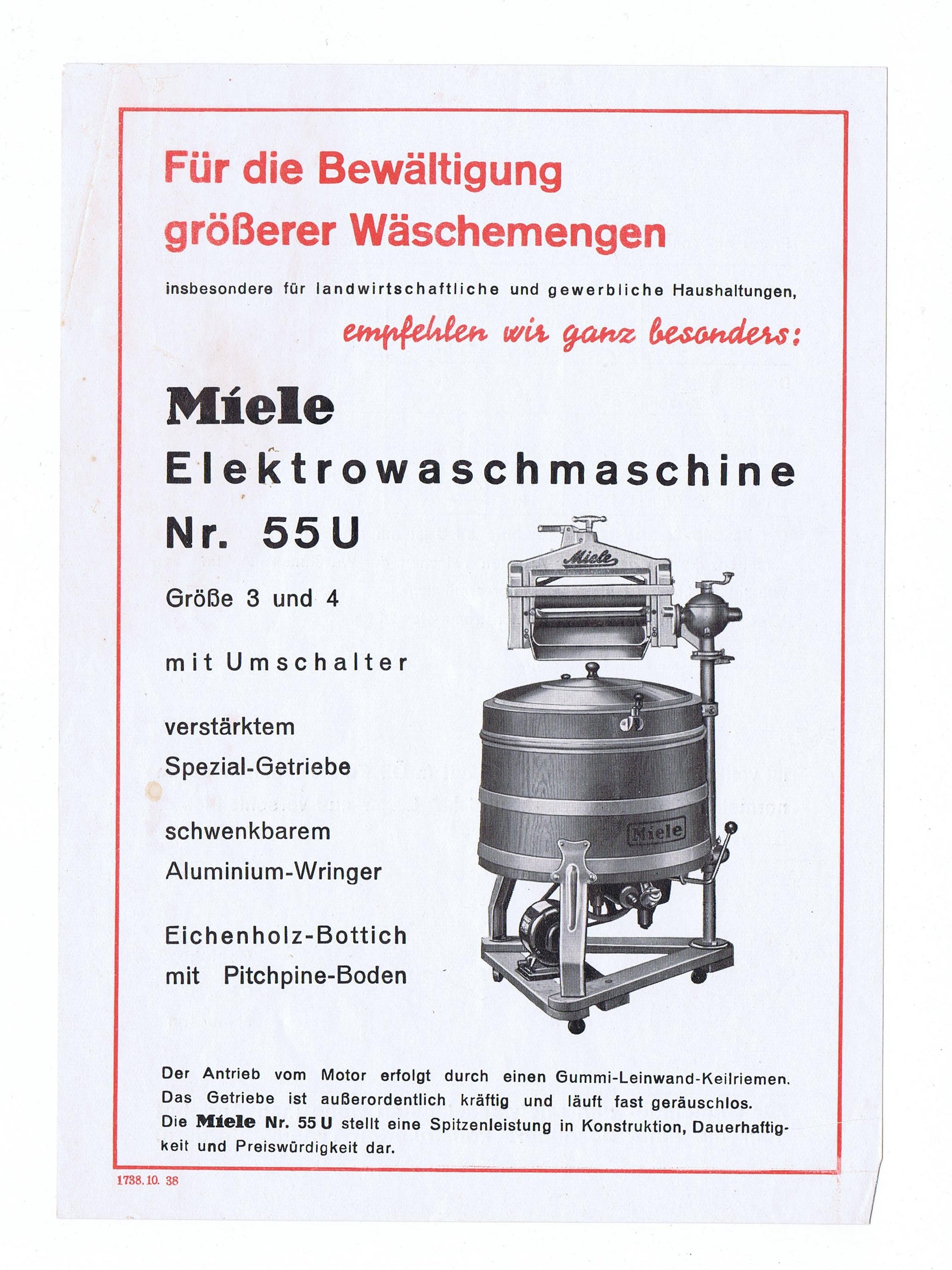 Einzelblatt Werbezettel &quot;Miele Elektrowaschmaschine Nr 55 U&quot; (DampfLand Leute - Museum Eslohe CC BY-NC-SA)