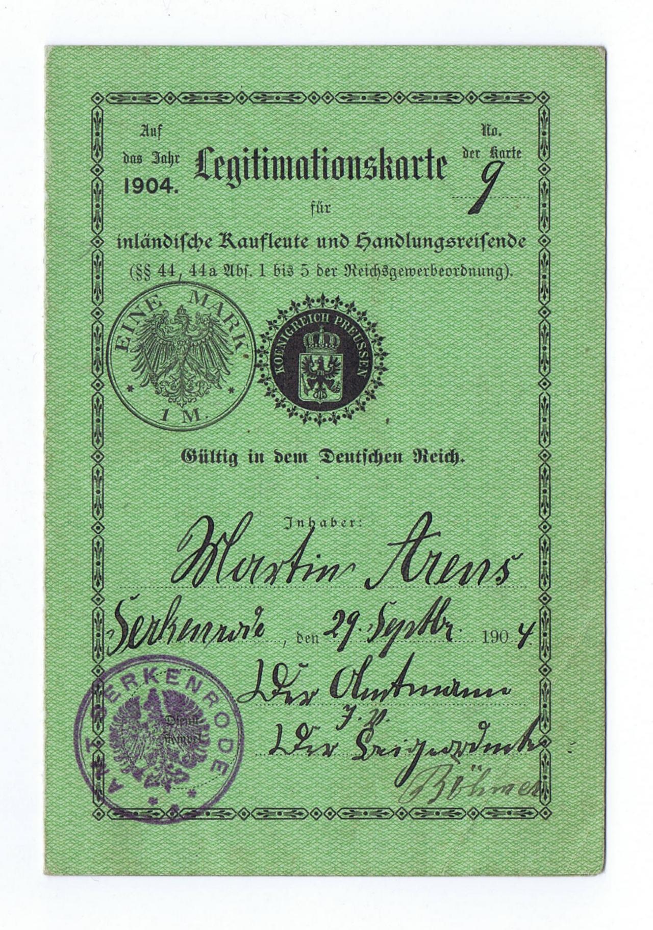 Ausweis "Legitimationskarte für inländische Kaufleute und Handlungsreisende" (DampfLand Leute - Museum Eslohe CC BY-NC-SA)