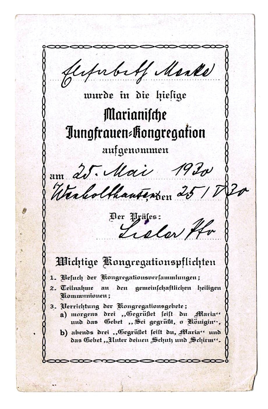 Aufnahmeschein in die "Marianische Kongration" (DampfLand Leute - Museum Eslohe CC BY-NC-SA)