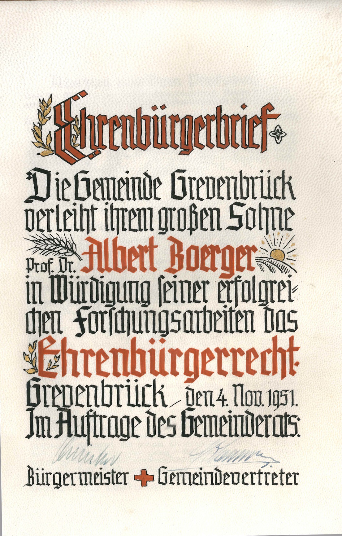 Ehrenbürgerbrief für Prof. Dr. Albert Boerger (Museum der Stadt Lennestadt CC BY-NC-SA)