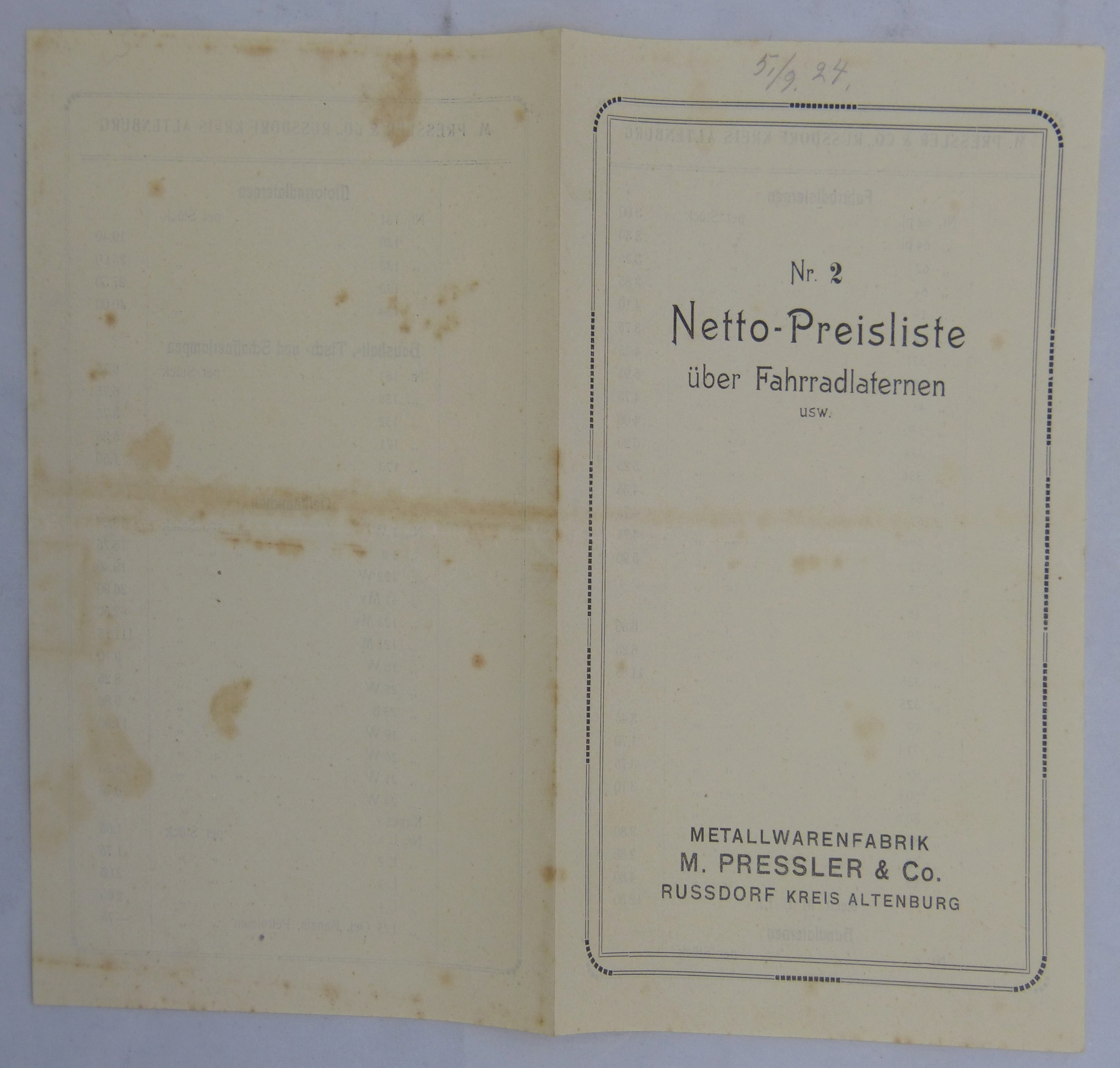 Einzelblatt: Preisliste für Leuchten der Firma M. Pressler (Städt. Hellweg-Museum Geseke CC BY-NC-SA)