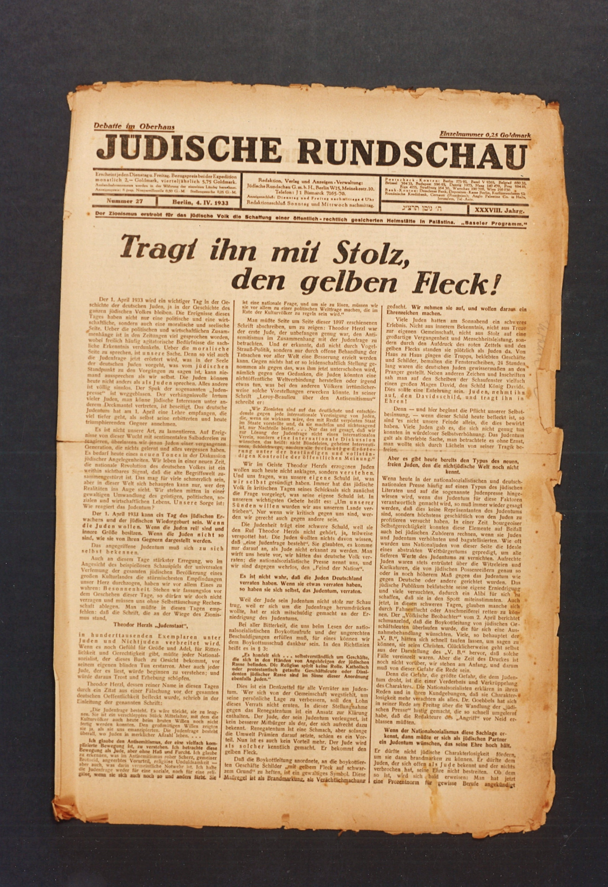 Zeitung Jüdische Rundschau, 4. April 1933 (Jüdisches Museum Westfalen Dorsten CC BY-NC-SA)