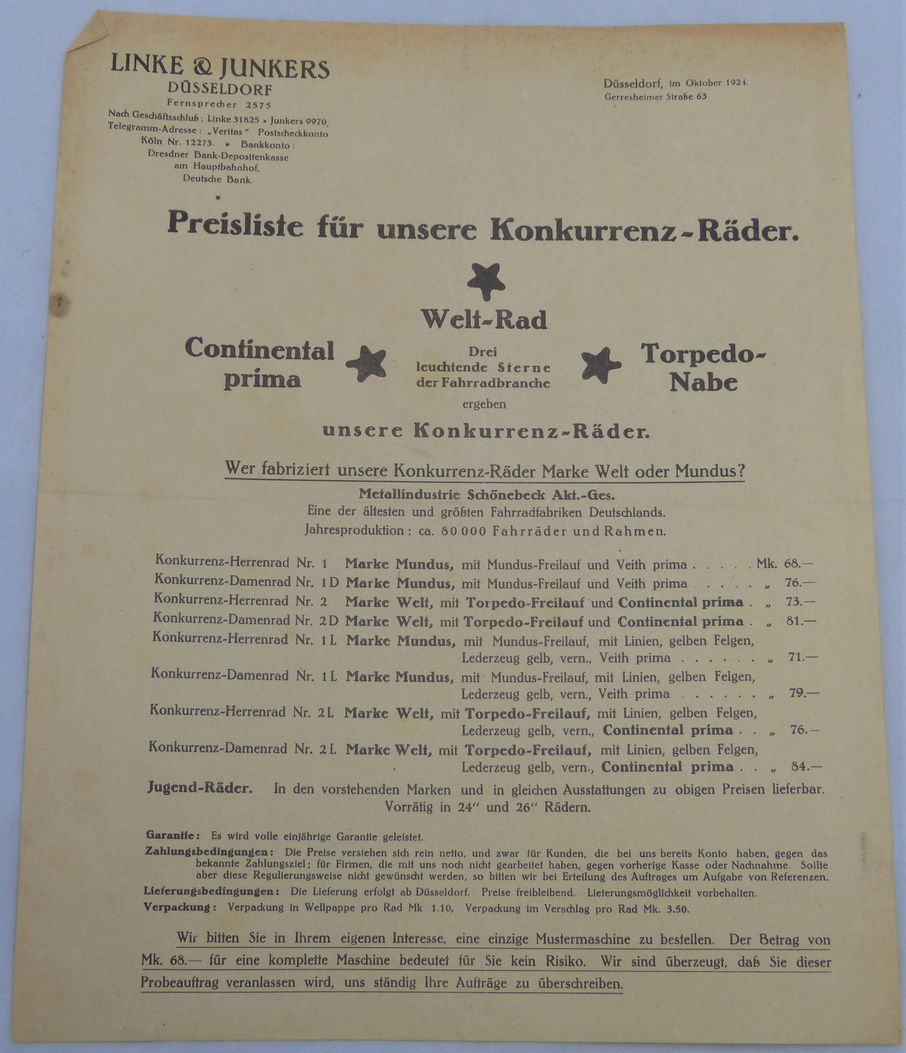 Einzelplatt: Preisliste der Firma Linke & Junkers, Fahrräder (Städt. Hellweg-Museum Geseke CC BY-NC-SA)