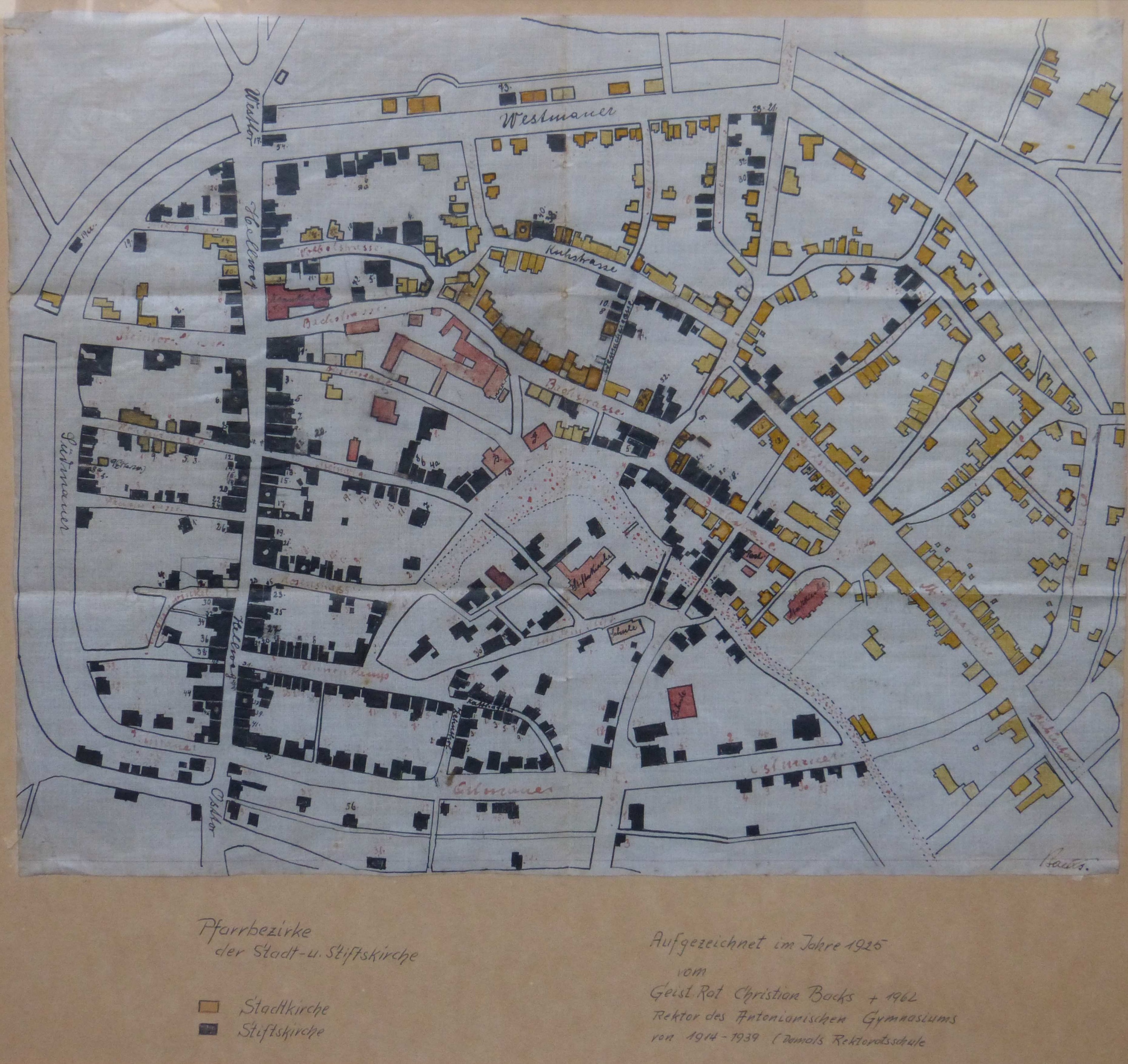 Stadtplan von Geseke mit Pfarrbezirken (Städt. Hellweg-Museum Geseke CC BY-NC-SA)