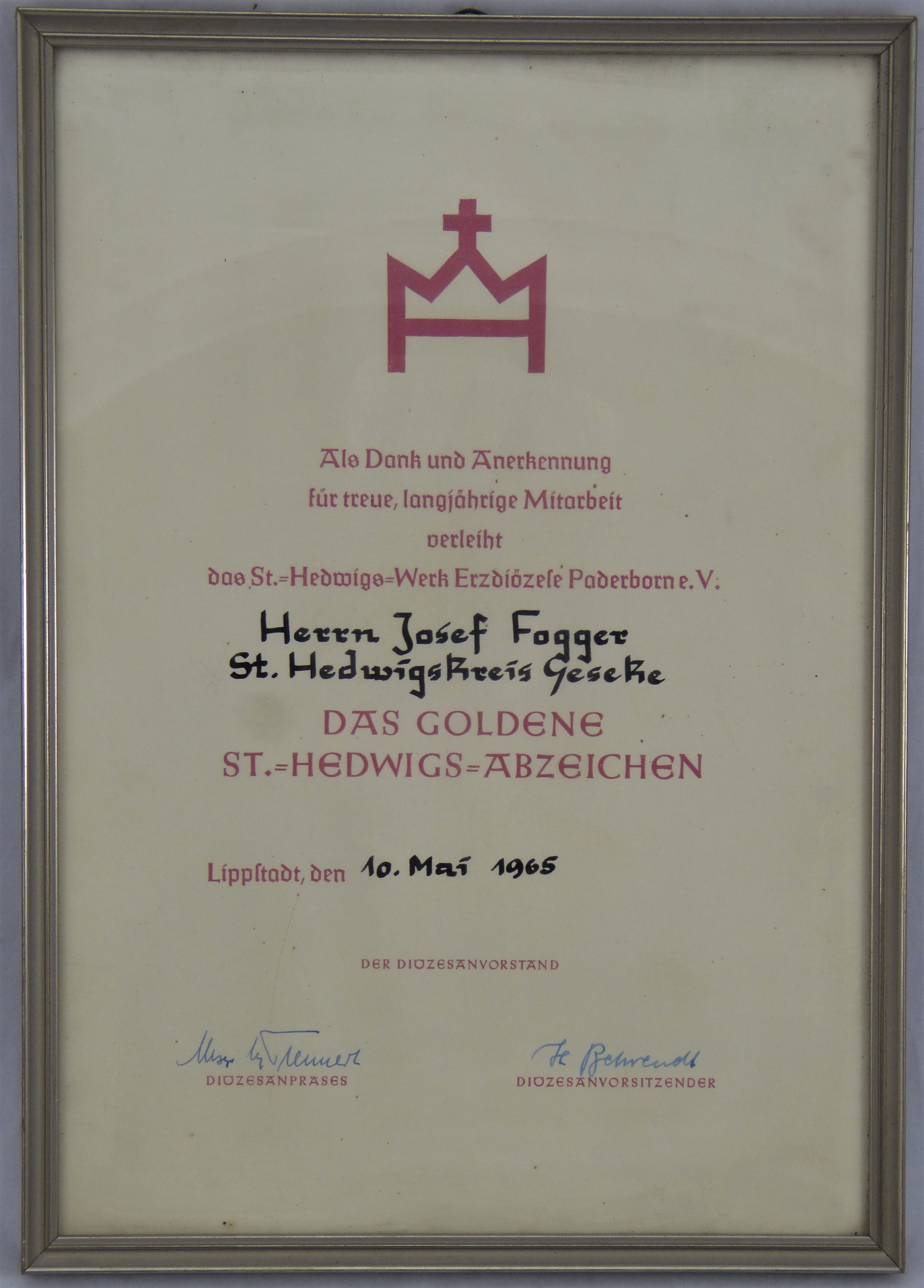 Urkunde des St.-Hedwigswerks (Städt. Hellweg-Museum Geseke CC BY-NC-SA)