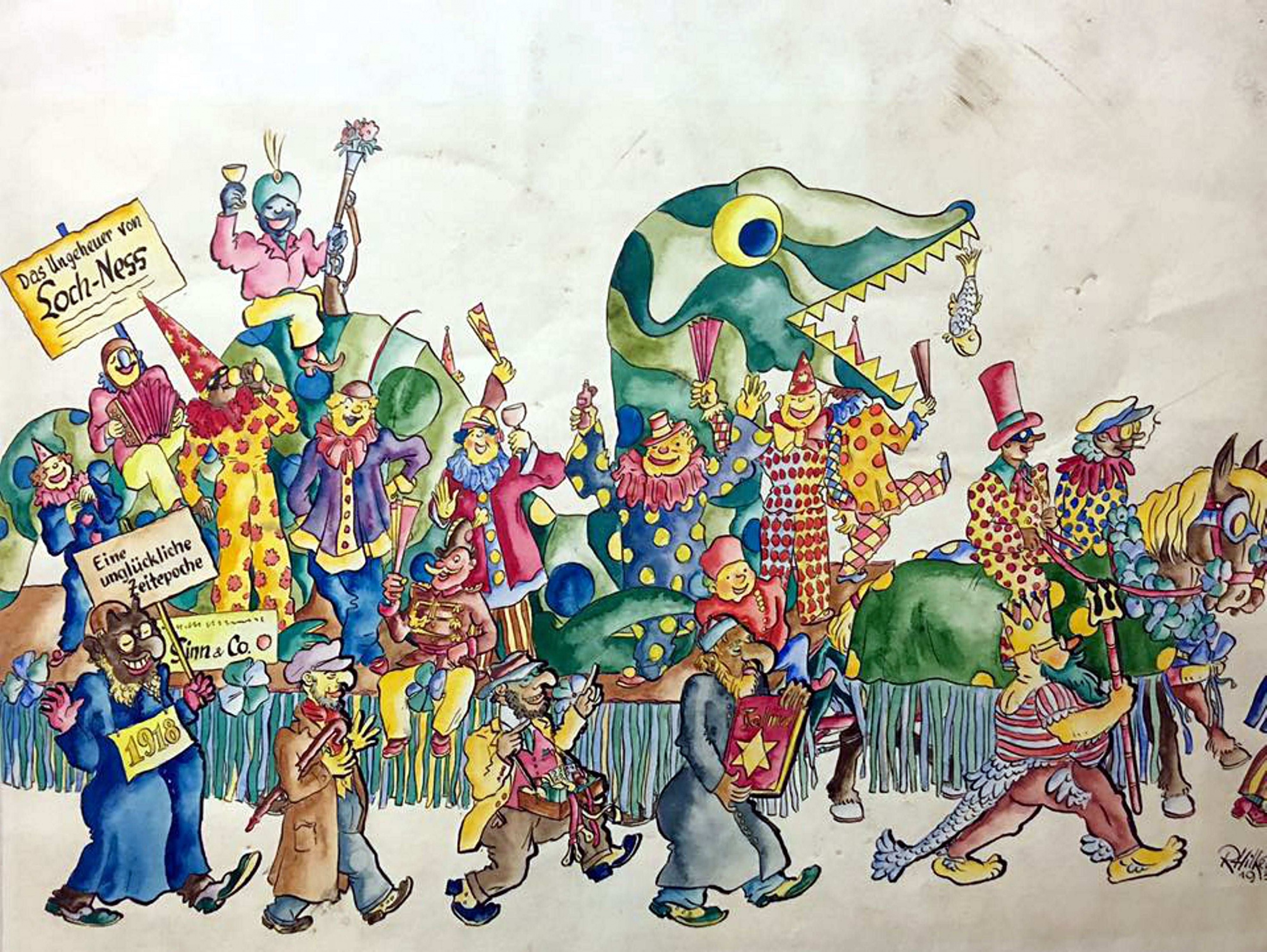 Zeichnung: Erster Hagener Karnevalszug am 4. März 1935 (Stadtmuseum Hagen RR-R)