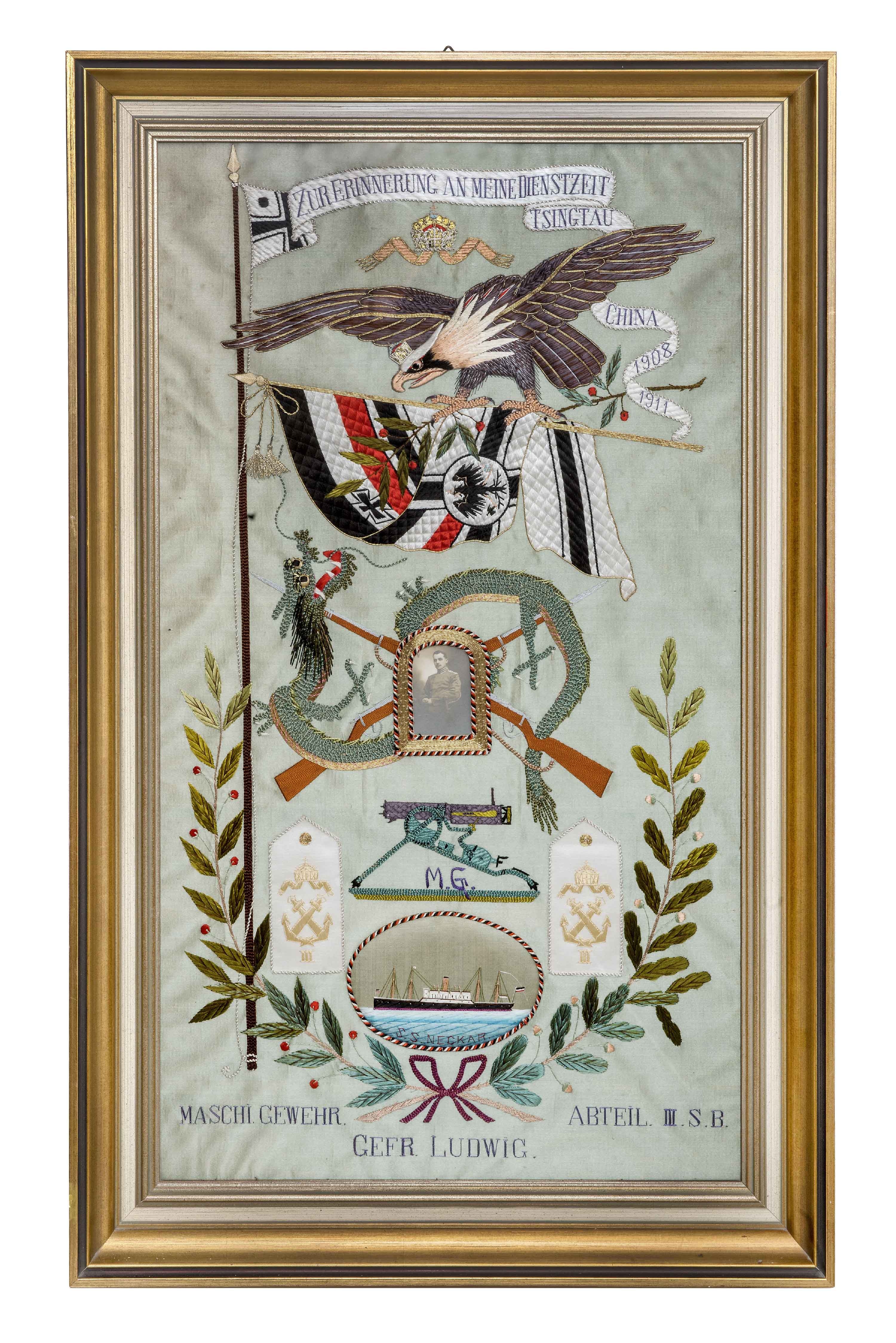 Stickbild: Erinnerung an die Militärzeit in Tsingtau (Stadtmuseum Hagen RR-R)