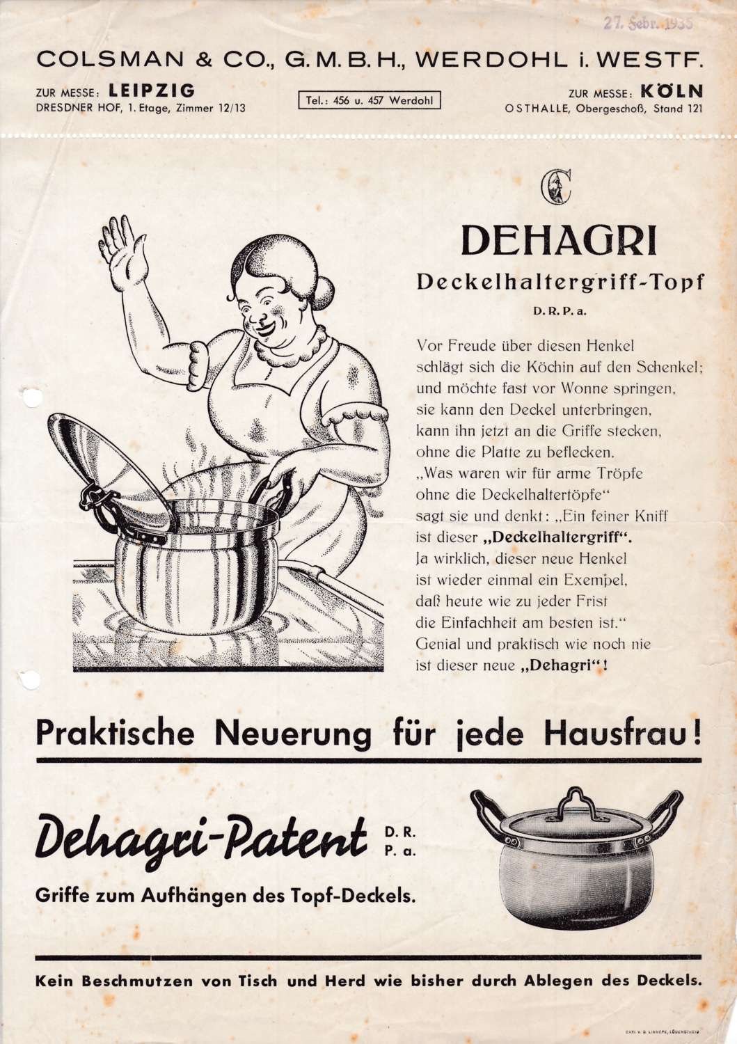 Werbeflugblatt Colsman & Co. für Deckelhaltergriff-Topf (M.-A. Trappe CC BY-NC-SA)